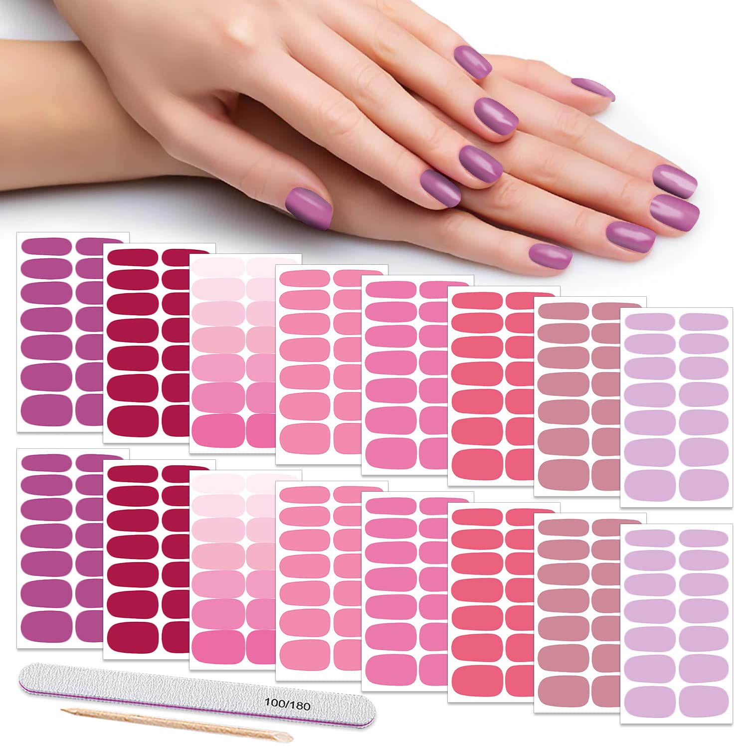 DANNEASY 16 Sheets Nail Wraps for Women - Solid Color Self-Adhesive Nail Polish Strips with Nail File & Cuticle Stick (Pink Red) | Easy DIY Manicure at Home, Salon-Quality Nail Art Accessories for Parties & Special Occasions