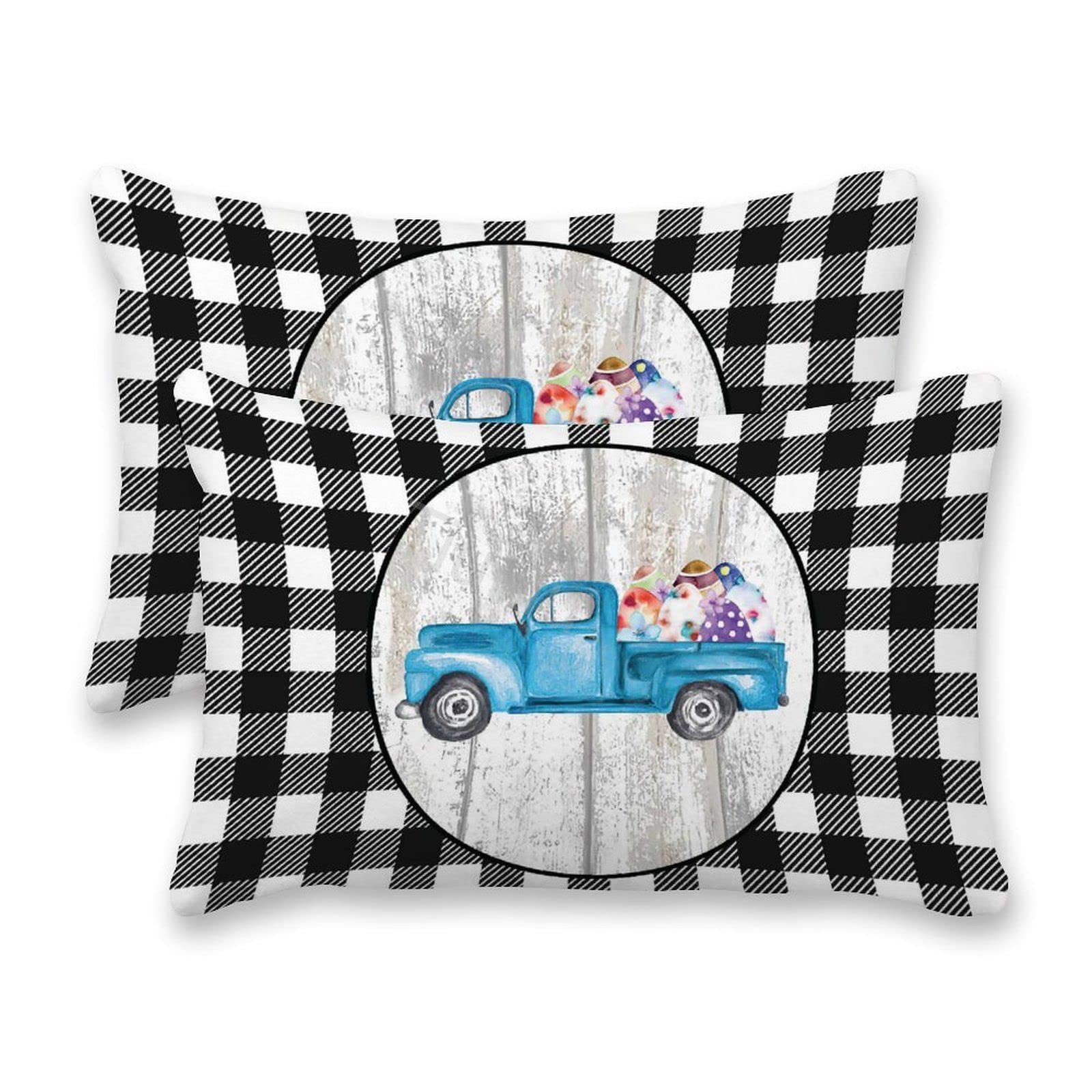 Decorative Lumbar Pillow Covers Set of 2 - Canvas Truck Rustic Wooden Board Buffalo Plaid White Black Check Rectangular Throw Pillow Covers for Couch, Sofa, Bed & Living Room - Perfect for Farmhouse, Rustic & Modern Home Decor
