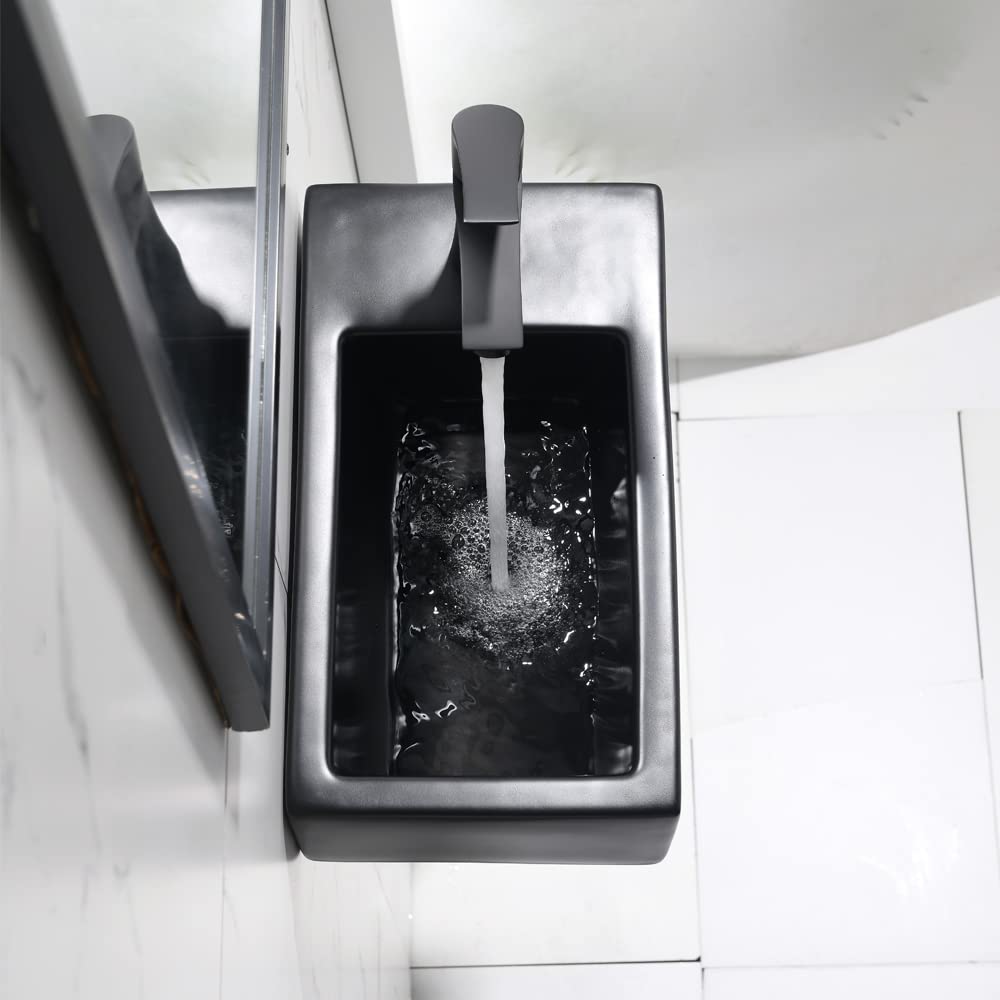 Bokaiya 18 Inch Wall Mount Corner Bathroom Sink with Faucet - Matte Black Porcelain Ceramic Floating Vessel Sink for Small Bathrooms, Cloakrooms & Powder Rooms - Includes Drain Combo (Right Hand Installation) - Perfect for Space-Saving Modern Bathroom Designs