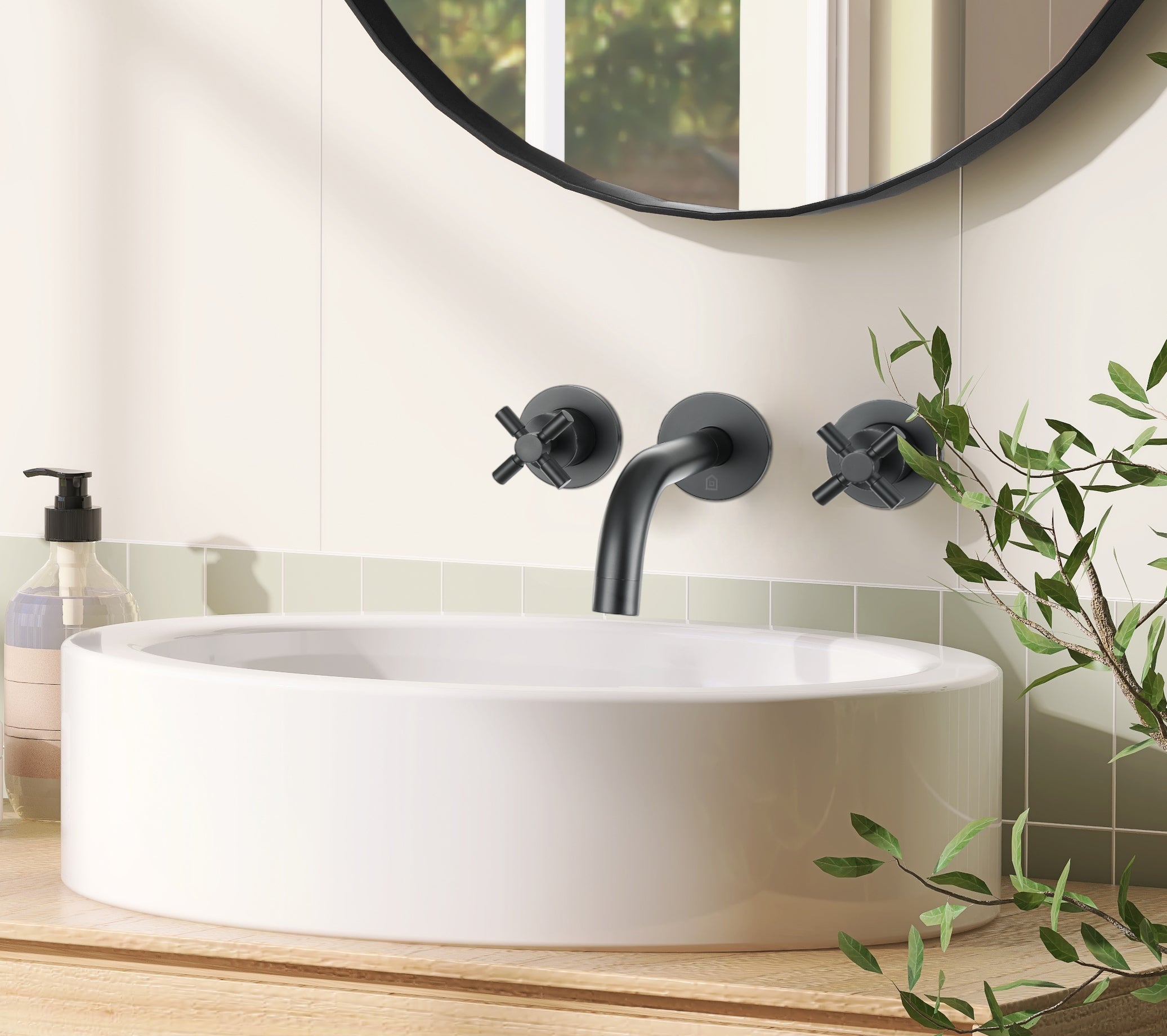 Ancona Prima Matte Black Two Handle Wall Mounted Bathroom Faucet - Modern Waterfall Spout for Bathroom Sink, Vanity, Powder Room & Guest Bath Installation