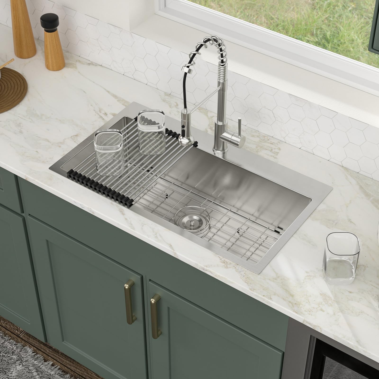 Logmey 32x18 Inch Drop-In Topmount Stainless Steel Kitchen Sink - 16 Gauge Handmade Single Bowl Sink Basin (32x18x9 Inches) for Modern Home Kitchen & Restaurant Use