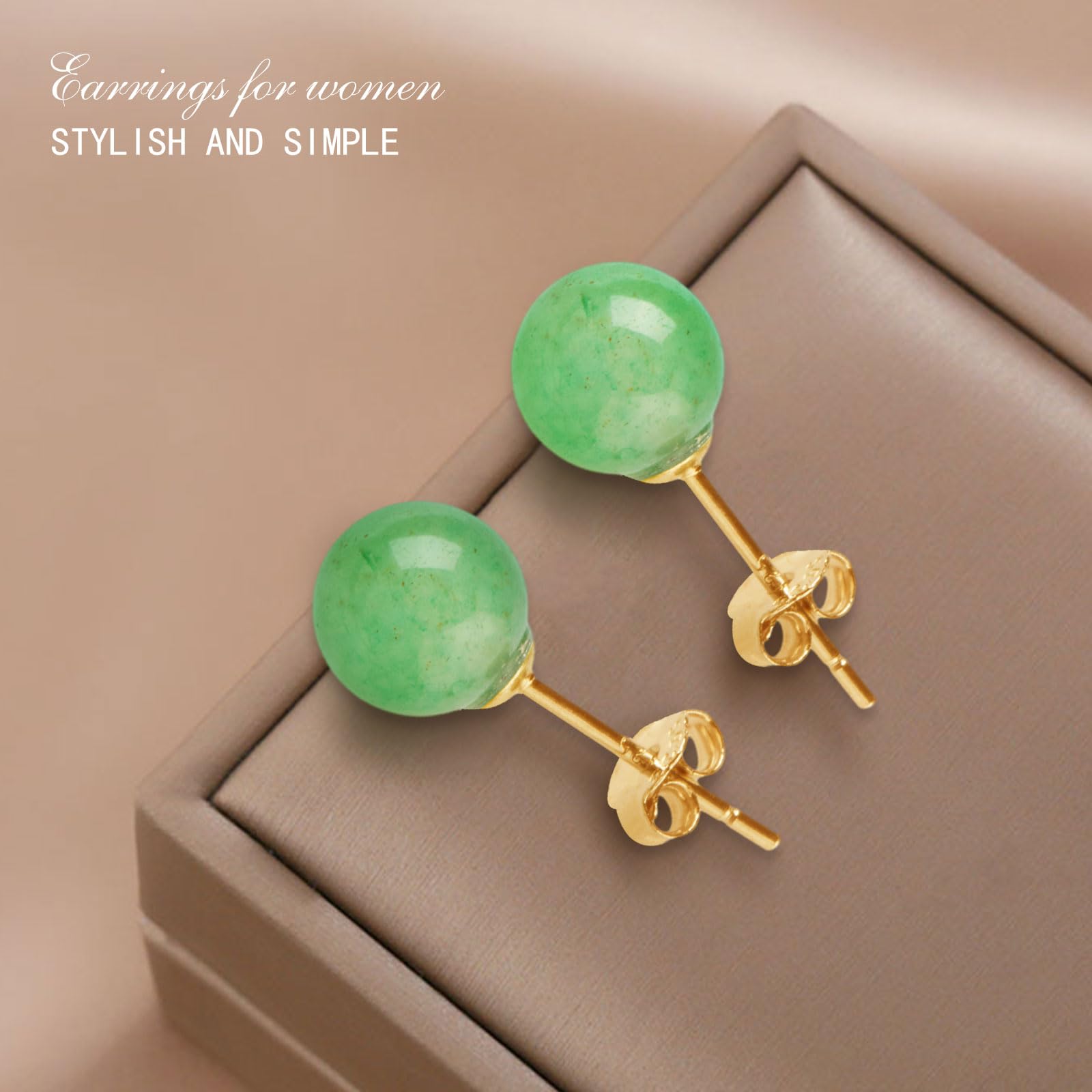 Handmade Green Jade Stud Earrings for Women - 18k Gold & Sterling Silver Post Earrings for Sensitive Ears - Hypoallergenic Jewelry Gift for Birthday & Anniversary (8mm Ball, Gold) - Perfect for Weddings, Parties & Everyday Elegant Wear
