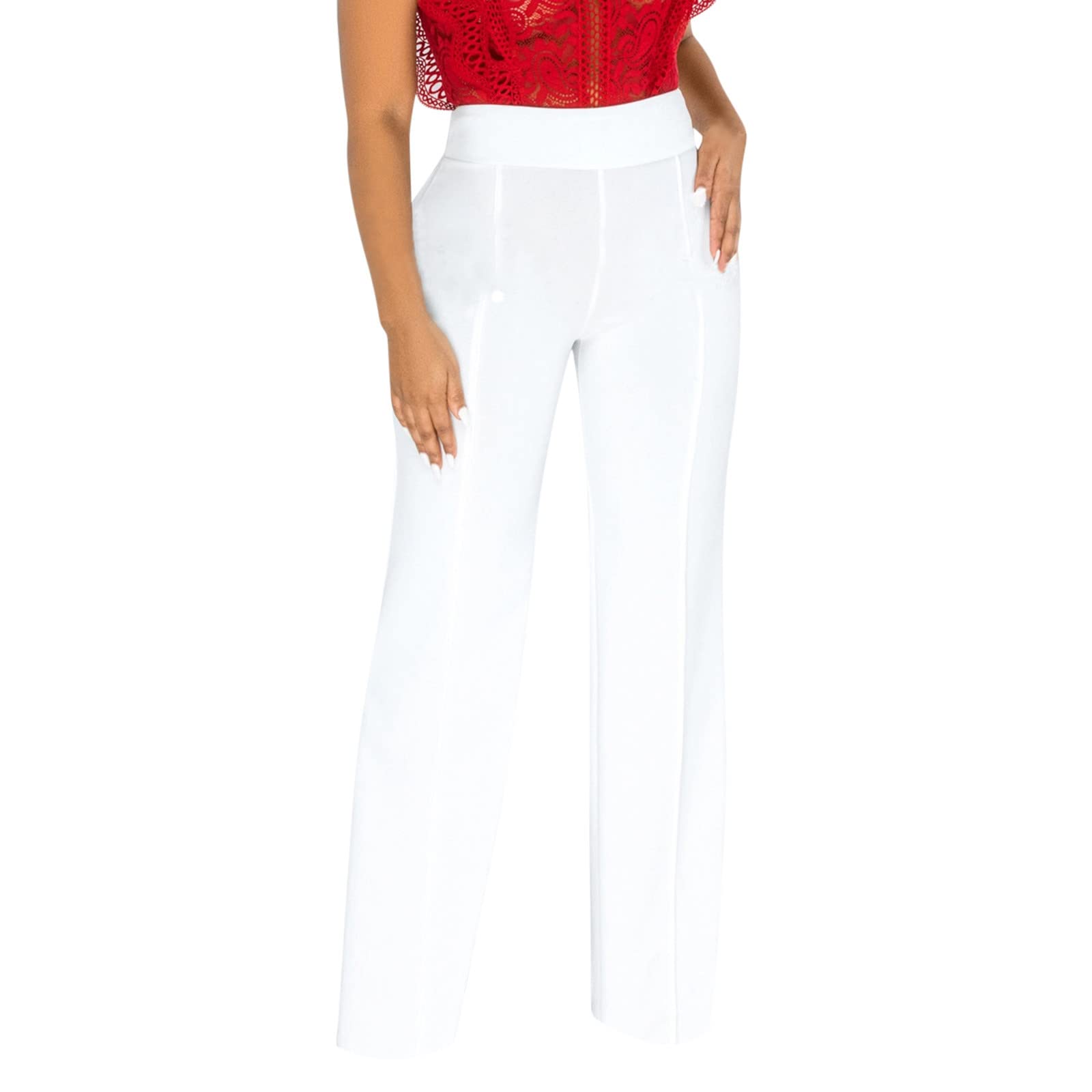 Women's Stretchy Straight Leg Pants - Solid Color High Waisted Office Trousers | Comfortable Work Slacks for Business Casual & Professional Wear