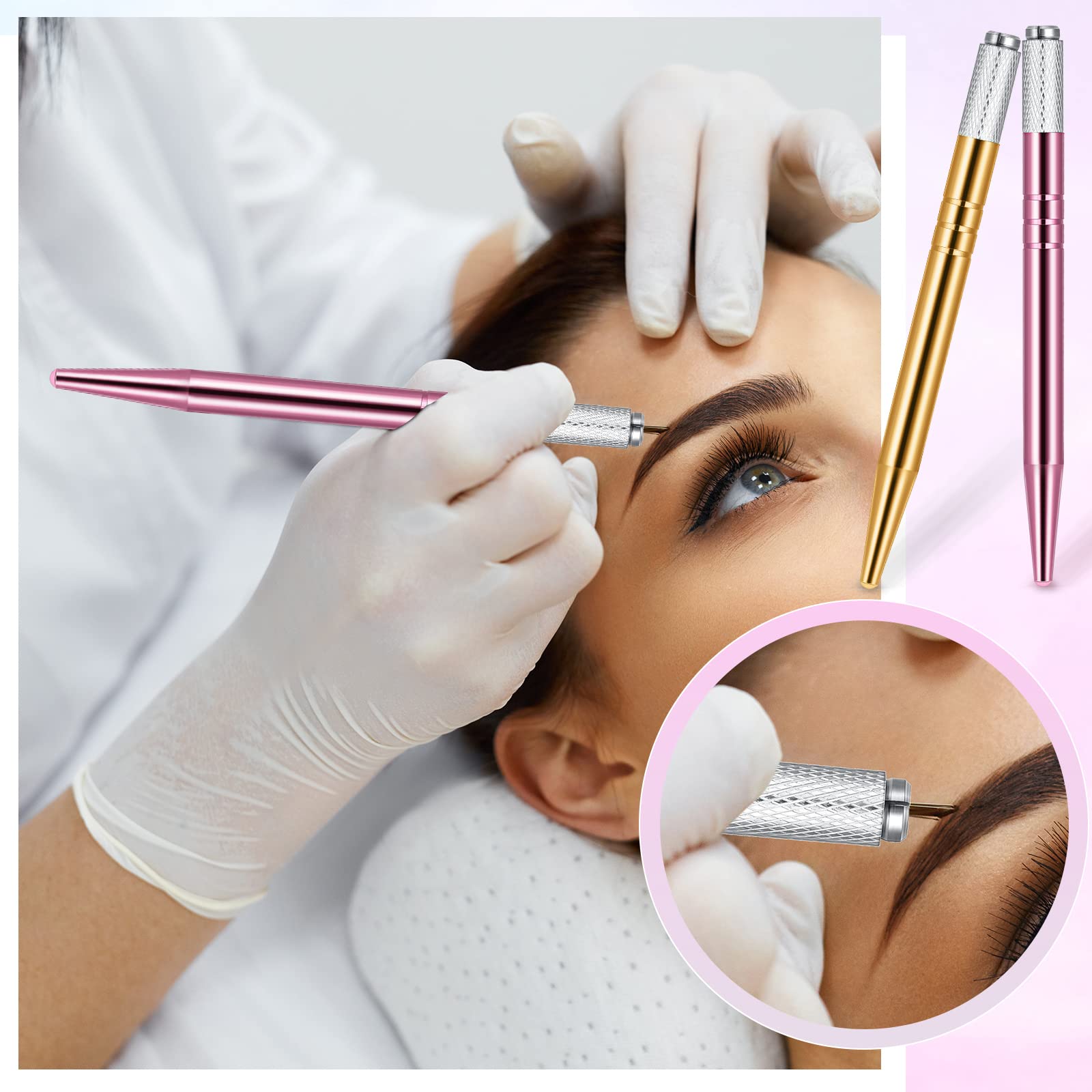 10-Piece Microblading Pen Set - Manual Eyebrow Microblade Tools with Aluminum Handle for Professional Salon & Home Use - Includes 2 Colors (Pink, Gold) - Perfect for Eyebrow Shaping, Tattooing & Permanent Makeup Application