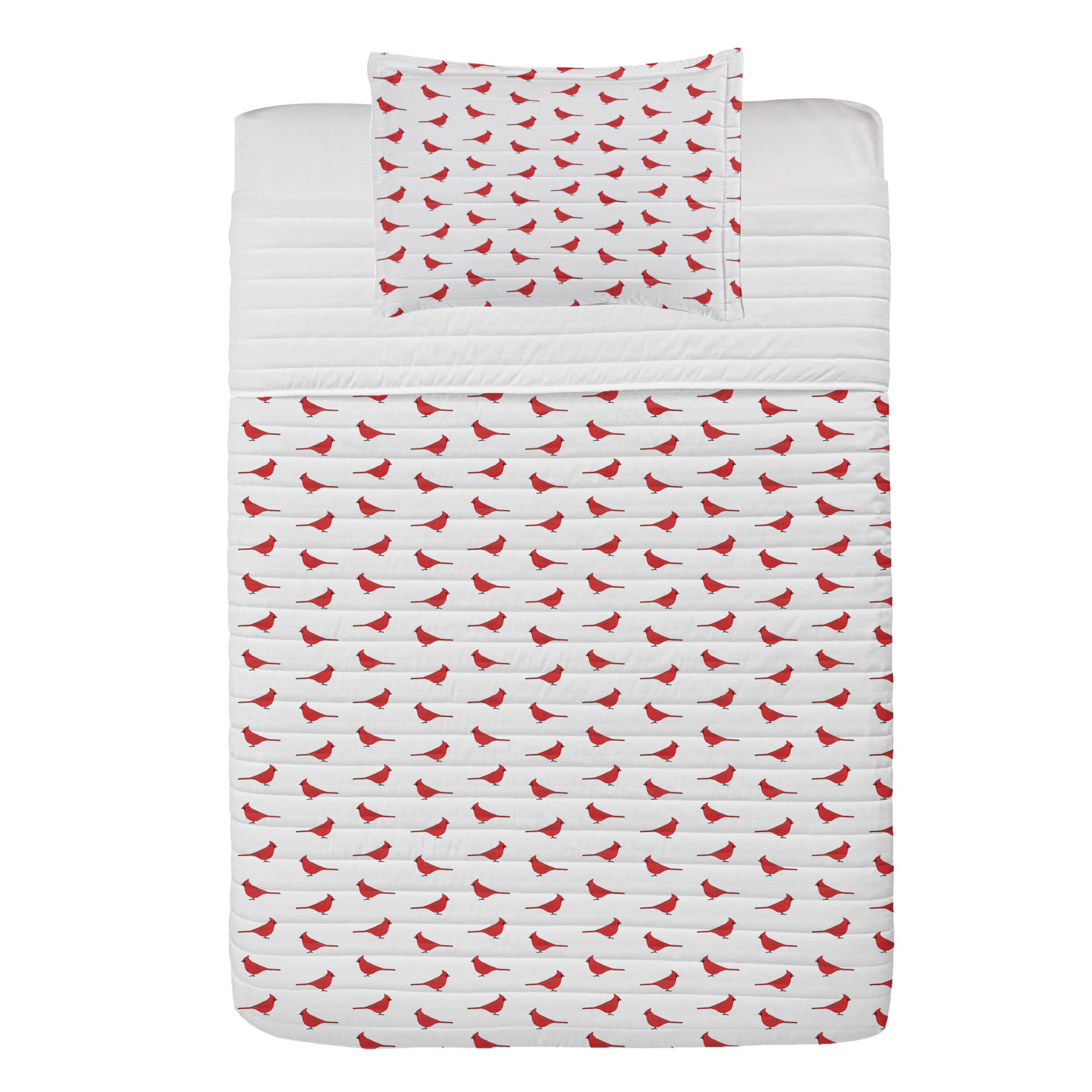 Ambesonne Cardinal Microfiber Bedspread Set - Winter Bird Design with Pillow Sham & Comforter, Soft Twin Size Bedding in White & Dark Pink | Cozy Home Decor for Bedroom, Guest Room & Dorm