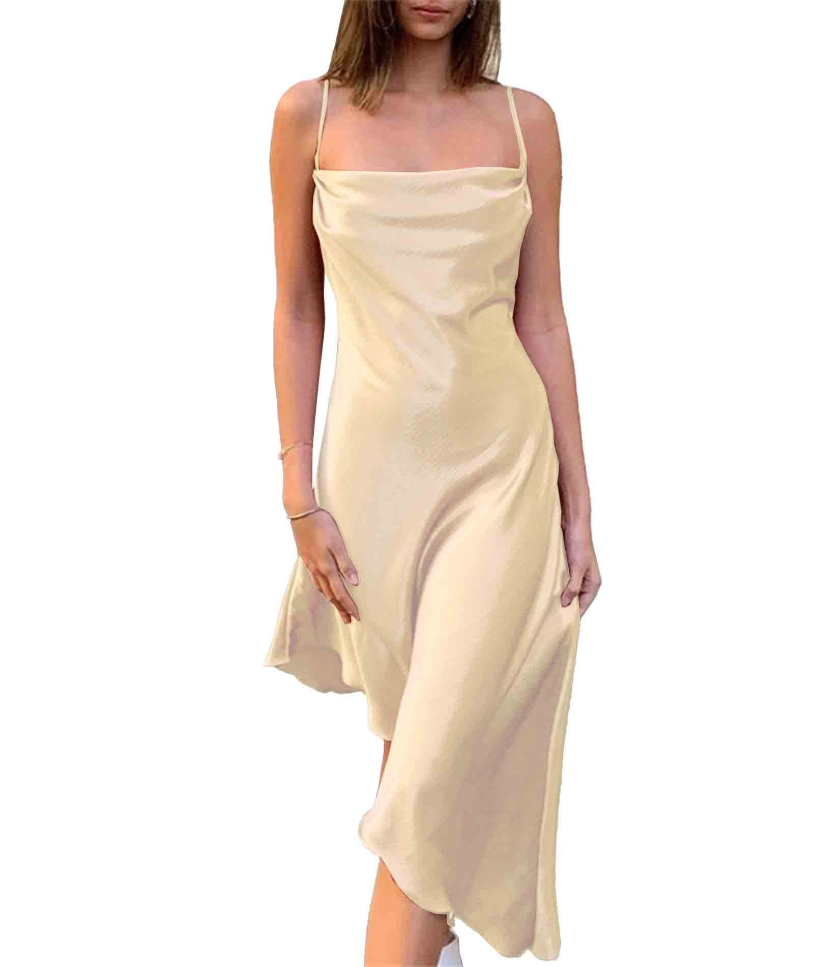 SOMTHRON Women's Spaghetti Strap Satin Cocktail Dress - Backless Cowl Neck Lace Up Bodycon Midi Dress for Evening Party, Date Night & Special Occasions