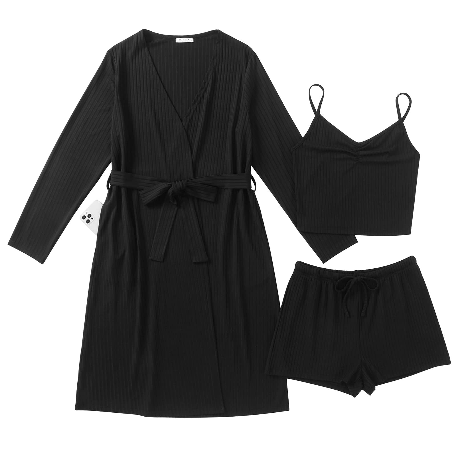 Ekouaer Women's 3 Piece Knit Lounge Set - Soft Comfortable Pajama Set for Sleepwear, Loungewear & Home Relaxation