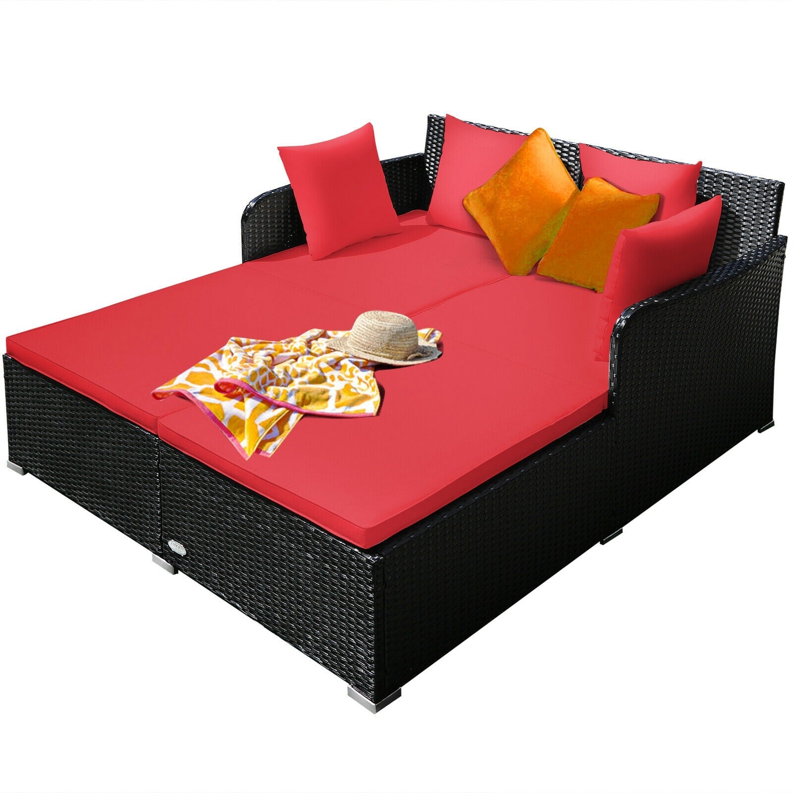 Premium Spacious Outdoor Rattan Daybed with Comfortable Upholstered Cushions & Pillows - Waterproof Red Patio Furniture for Poolside, Garden, and Backyard Relaxation