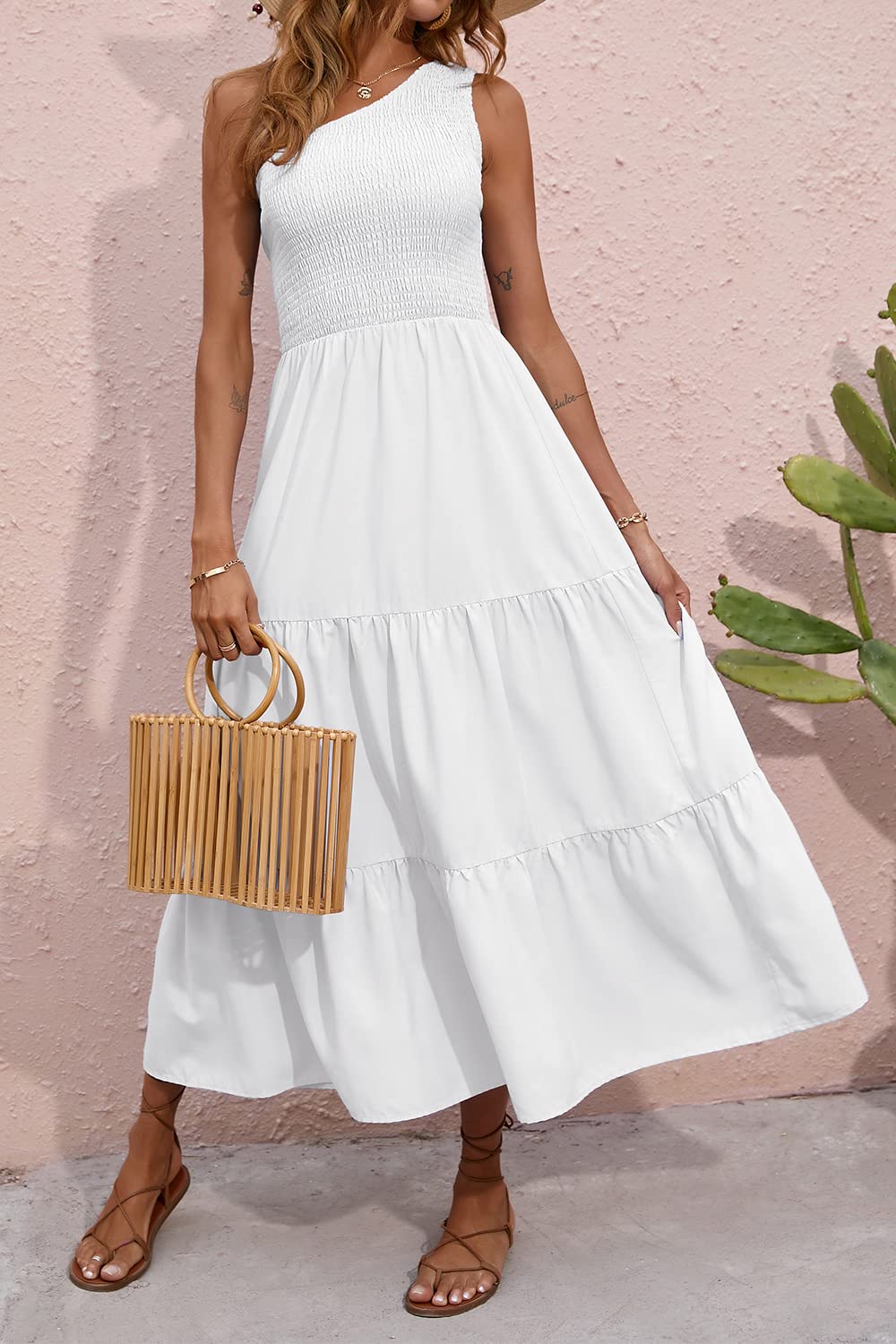 BTFBM Women's 2025 Summer One Shoulder Floral Maxi Dress - Boho Beach Sleeveless High Waist Smocked Flowy Casual Dress for Vacations, Parties & Outdoor Events