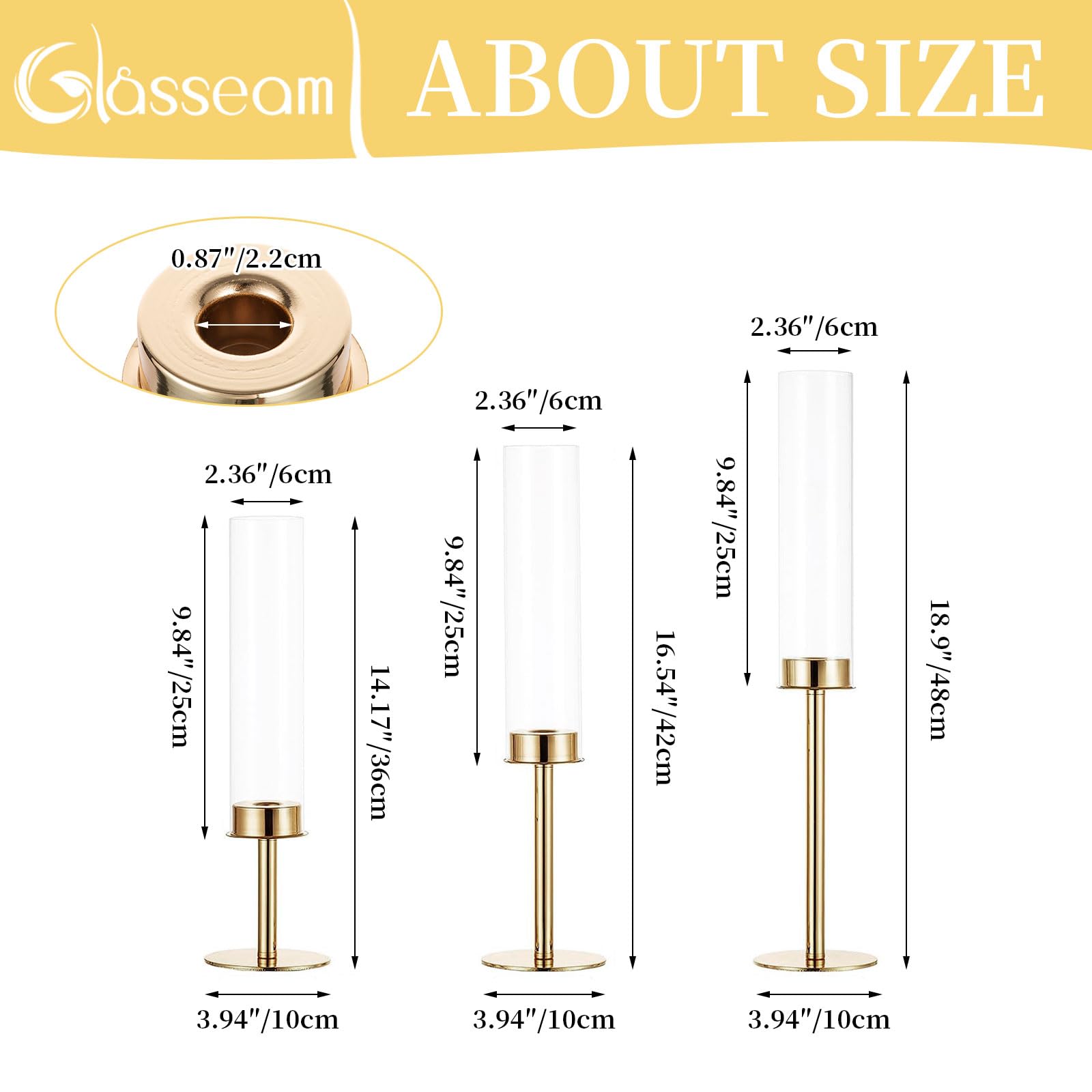 Glasseam Gold Hurricane Candlestick Holders - Set of 6 Tall Taper Candle Holders with Glass Chimney for Wedding Centerpieces, Dining Table Decor, Christmas & Holiday Home Decoration | Elegant Table Setting & Romantic Ambiance Lighting