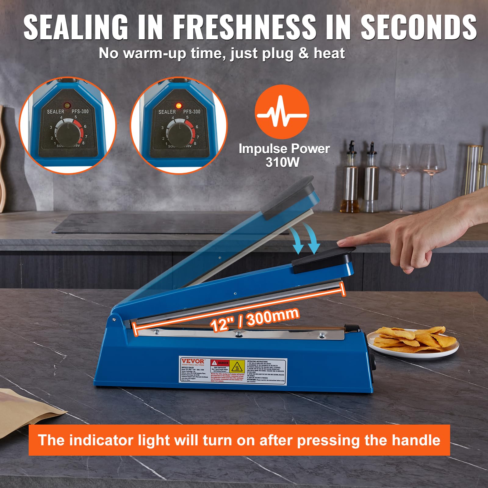 VEVOR 12 Inch Manual Impulse Sealer - Adjustable Heat Sealing Machine for Plastic Bags (Mylar, PE, PP) | Portable Shrink Wrap Bag Sealer with Extra Replacement Kit | Ideal for Food Packaging, Pharmacy, and E-commerce Shipping