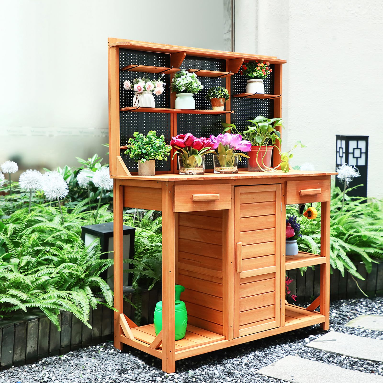 **Outdoor Potting Bench with Storage - 45x49x14 Inch Wooden Garden Work Table with Adjustable Shelf, Drawer & Hooks - Perfect for Backyard, Patio & Gardening Projects**    *Optimized for Google SEO with clear product features, dimensions, and usage scenarios.*
