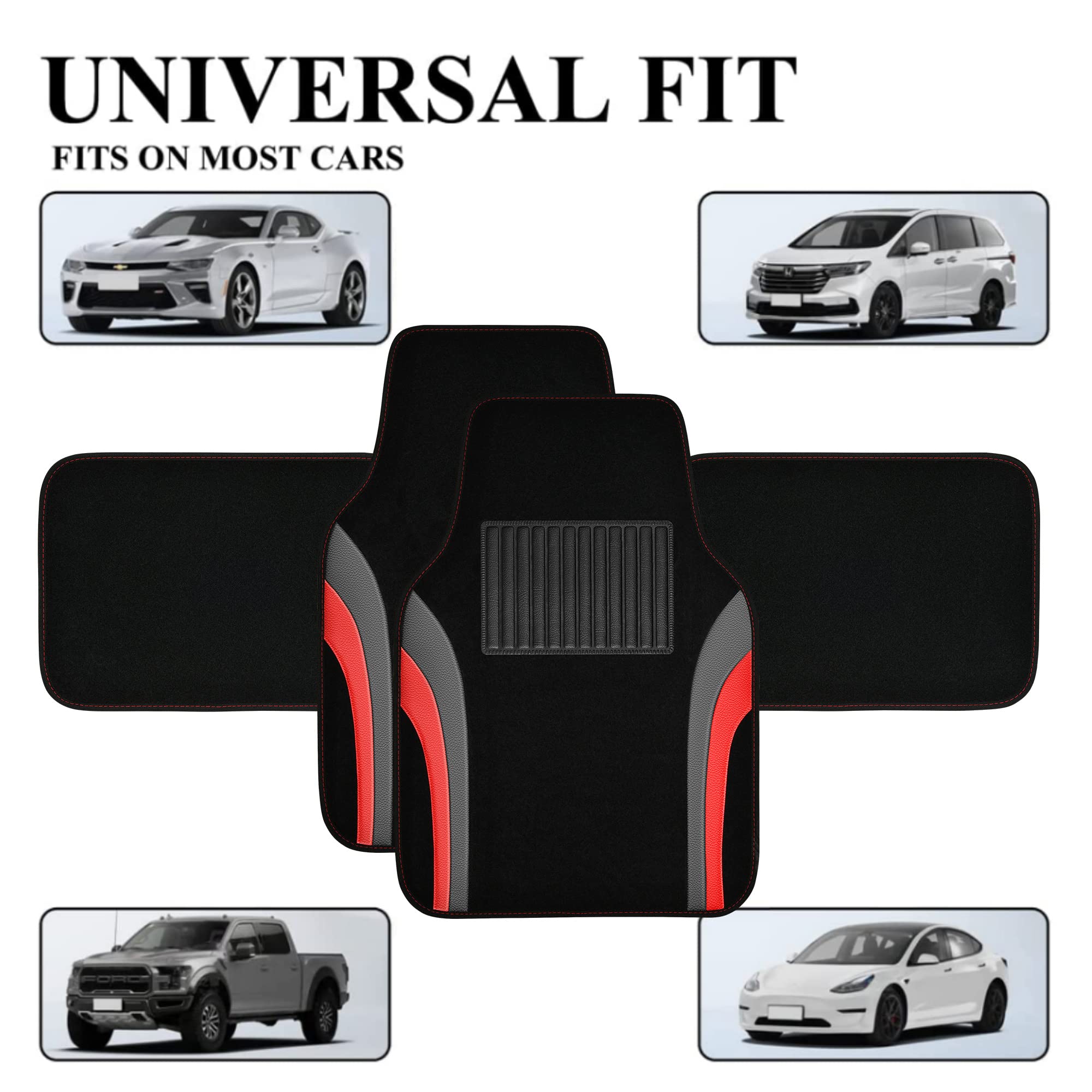 Premium CAR PASS Leather Sporty Car Floor Mats - Universal Waterproof Automotive Floor Liners for Sedans, SUVs, Trucks & Vans - 4-Piece Set (Black/Red) - Perfect for Daily Commuting, Road Trips & All-Weather Protection