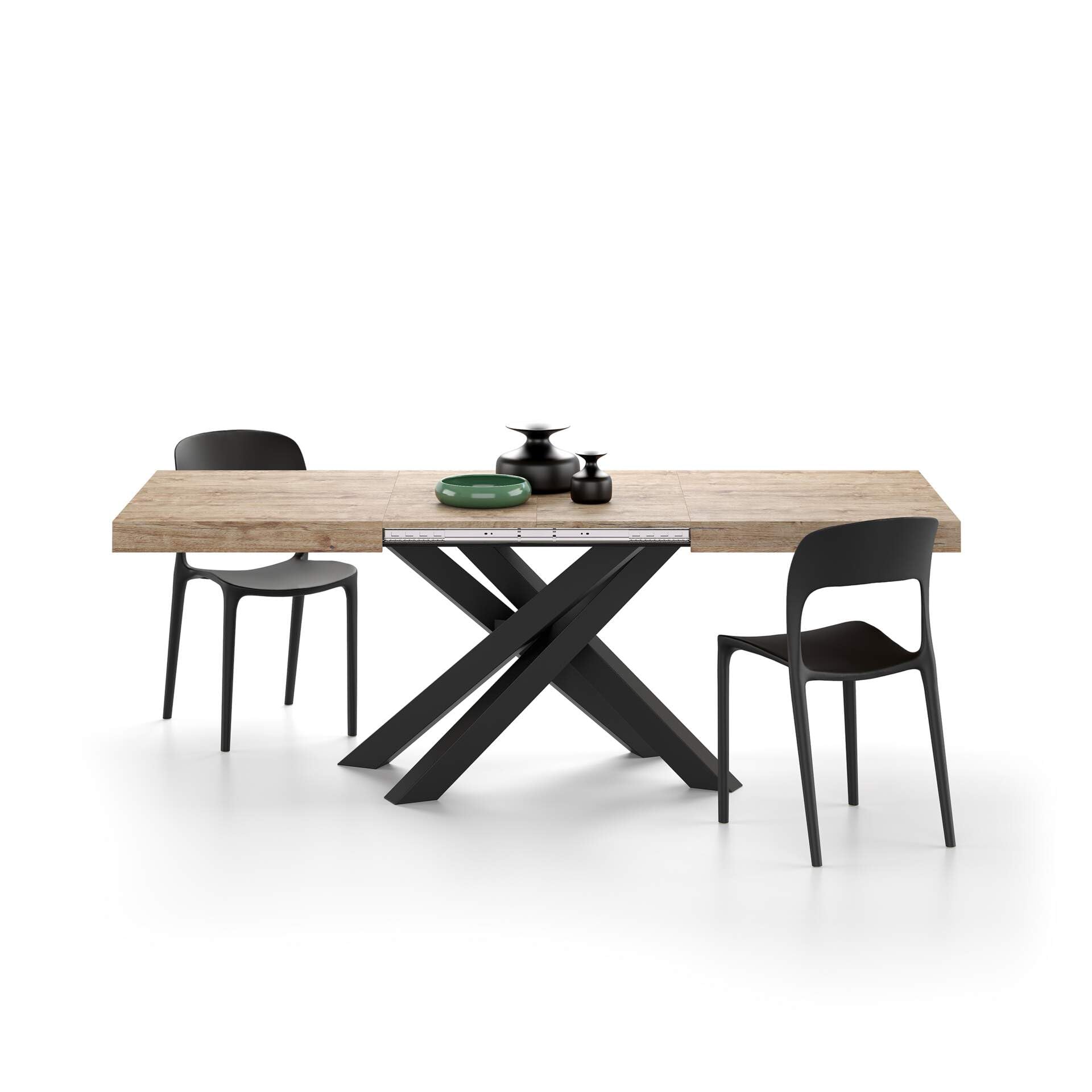 Expandable Oak Dining Table 86.6 x 35.4 Inches - Italian Modern Kitchen & Living Room Furniture with Black Crossed Legs - Seats 6-10 People - Perfect for Family Gatherings & Dinner Parties
