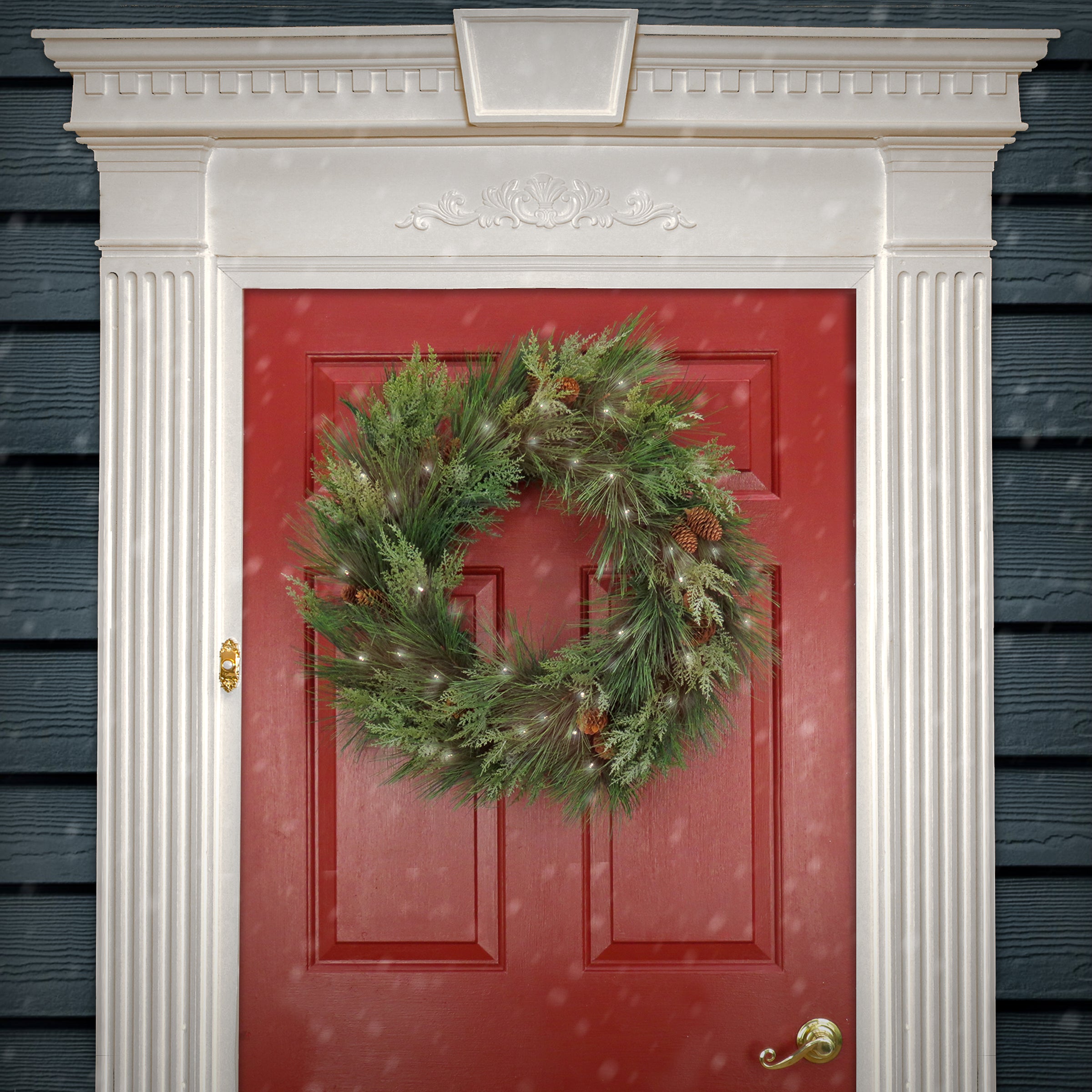 28 in. Pre-Lit HGTV Home Collection Black Tie Cedar Wreath - Elegant Christmas Holiday Decor for Front Door, Mantel & Indoor/Outdoor Use