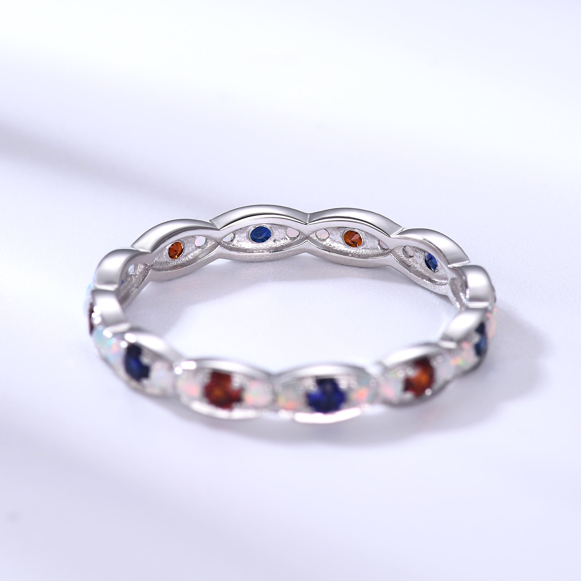 14k White Gold Opal Garnet Sapphire Birthstone Wedding Band - Full Eternity Ring for Anniversary, Engagement & Special Occasions