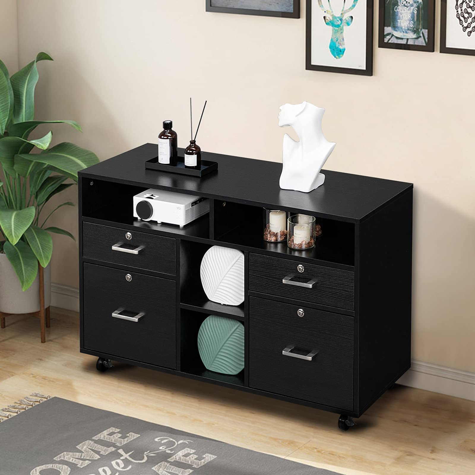 VINGLI 4-Drawer Wooden Mobile File Cabinet with Shelves - Locking Lateral Office Organizer, Printer Stand with Open Storage for Home & Office - Black | Perfect for Document Storage, Workspace Organization & Home Office Furniture