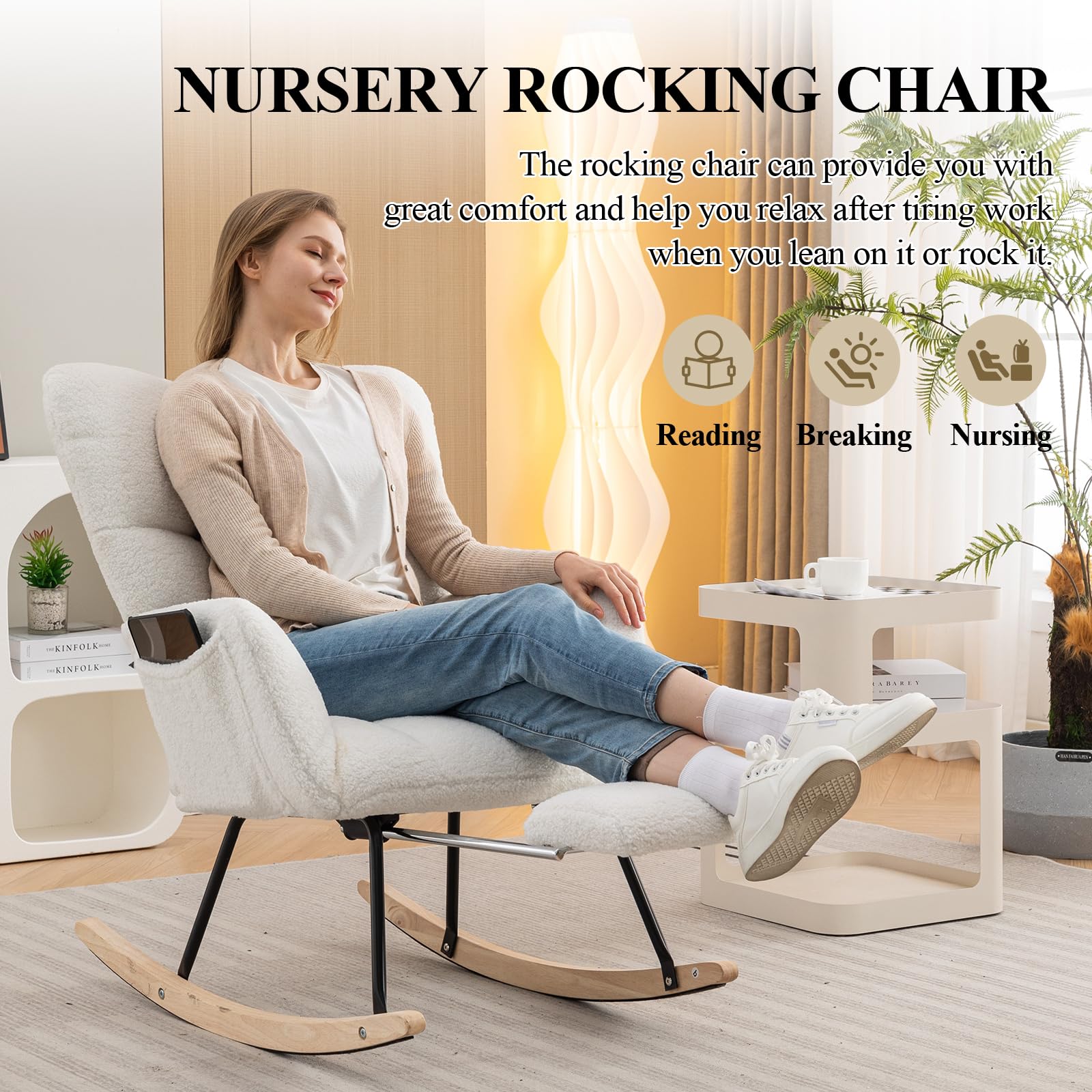 Comfortable Teddy Upholstered Nursery Rocking Chair with Side Pocket & Adjustable Footrest - Soft Glider Recliner for Living Room, Bedroom, Nursery - Perfect for Nursing, Reading & Relaxing (Ivory)