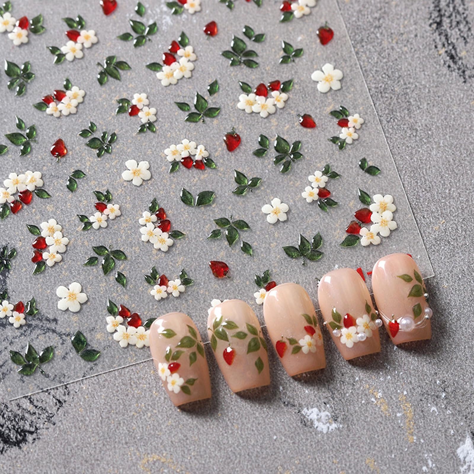 3D Embossed Flower Strawberry Nail Art Stickers - Self-Adhesive 5D Nail Decals for DIY Manicure - Nail Art Design Supplies & Decoration Accessories (1 Sheet) - Perfect for Home Salon, Parties & Special Occasions