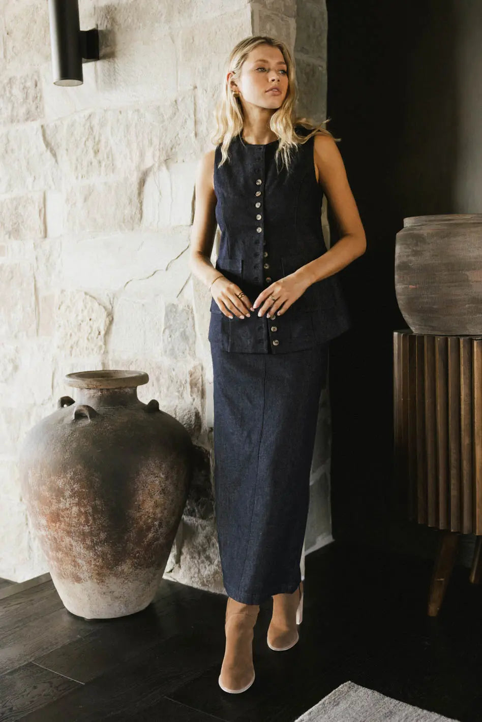 Miriam Denim Maxi Skirt for Women - High Waisted Long Denim Skirt with Side Slits - Boho Vintage Style - Perfect for Casual Outfits, Beach Wear & Summer Fashion