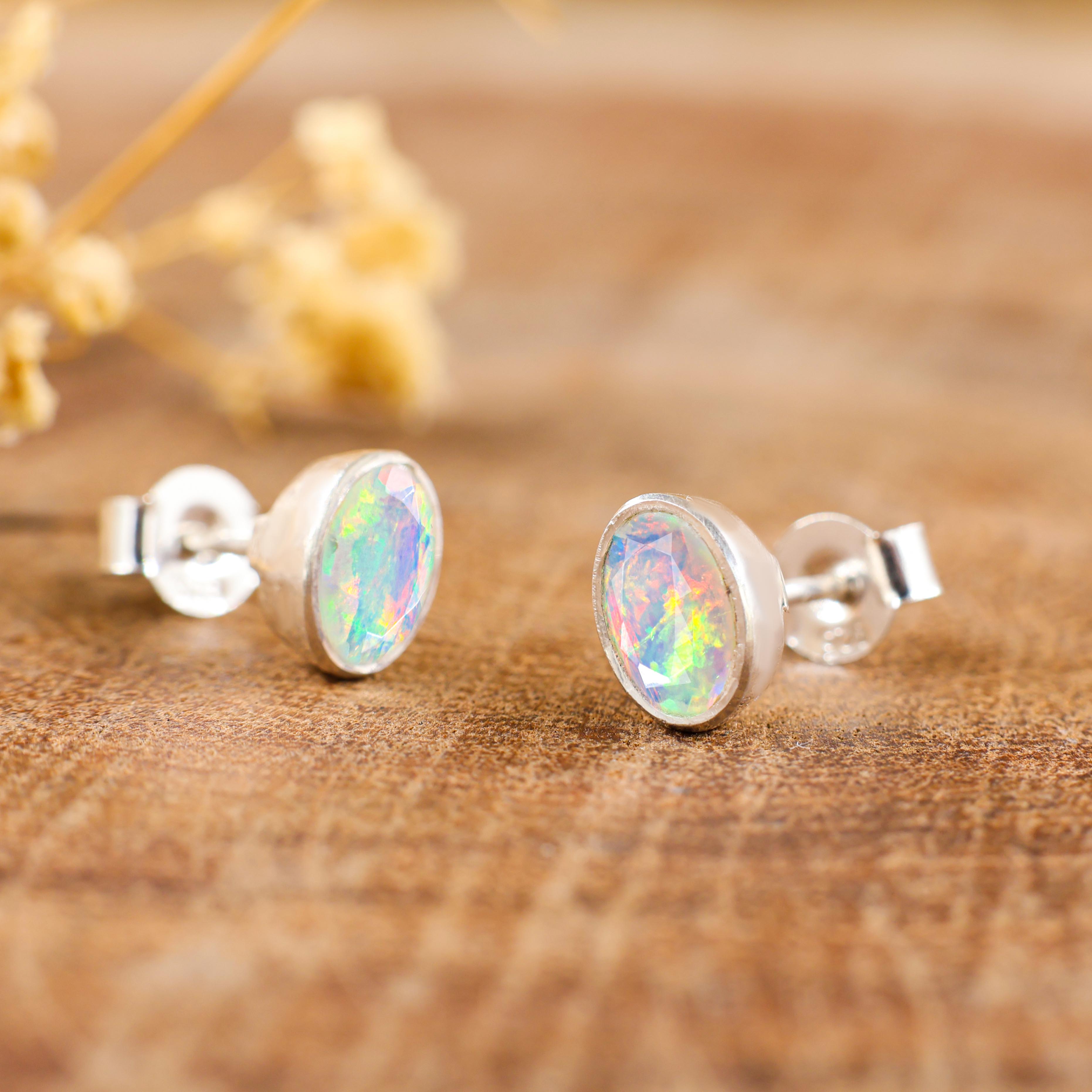 Natural Oval Opal Stud Earrings for Women - Dainty Multifire Gemstone Jewelry for Everyday Wear & Special Occasions
