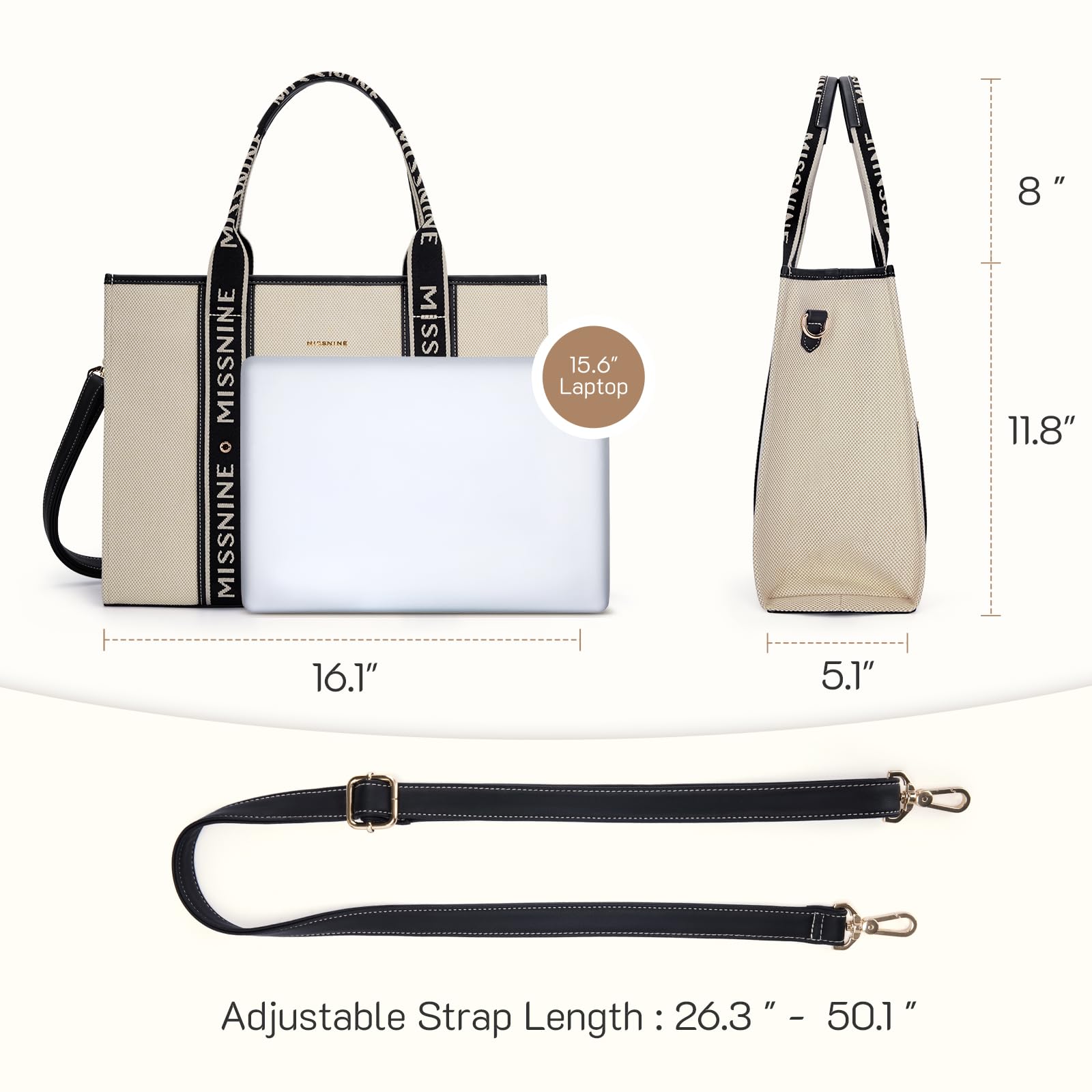 Missnine 15.6 Inch Canvas Tote Bag for Women - Large Capacity Laptop Briefcase Handbag for Office, School & Travel | Perfect Work Bag, College Backpack Alternative & Commuter Carryall