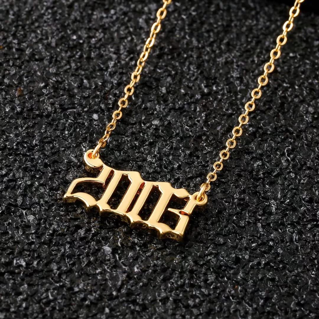 18K Gold Plated Old English Birth Year Necklace for Women - Personalized Jewelry Gift for Birthday, Anniversary (1970-2021) | Elegant Layering Necklace for Everyday Wear & Special Occasions