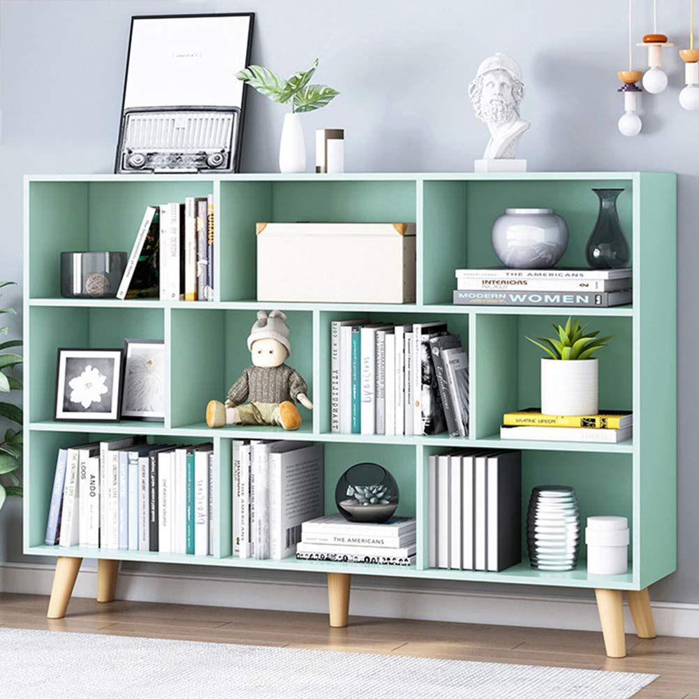 IOTXY 3-Tier Wooden Open Shelf Bookcase - Floor Standing Display Cabinet with Legs, 10-Cube Storage Organizer, Tiffany Green Kids Bookshelf - Perfect for Nursery, Living Room & Office Organization