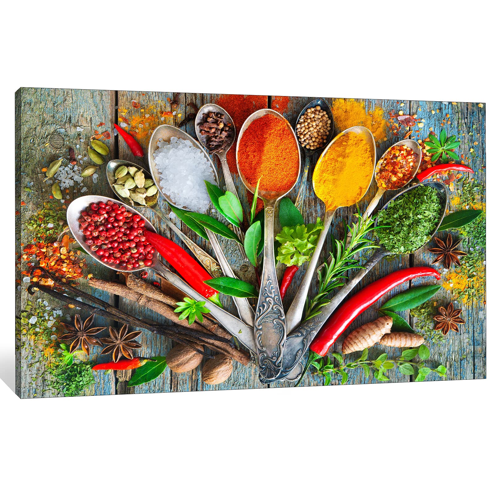 Modern Kitchen Wall Art - Colorful Spices & Spoons Canvas Painting, 32x48 Inches, Vibrant Kitchen Decor, Perfect for Dining Room & Home Chef Inspiration