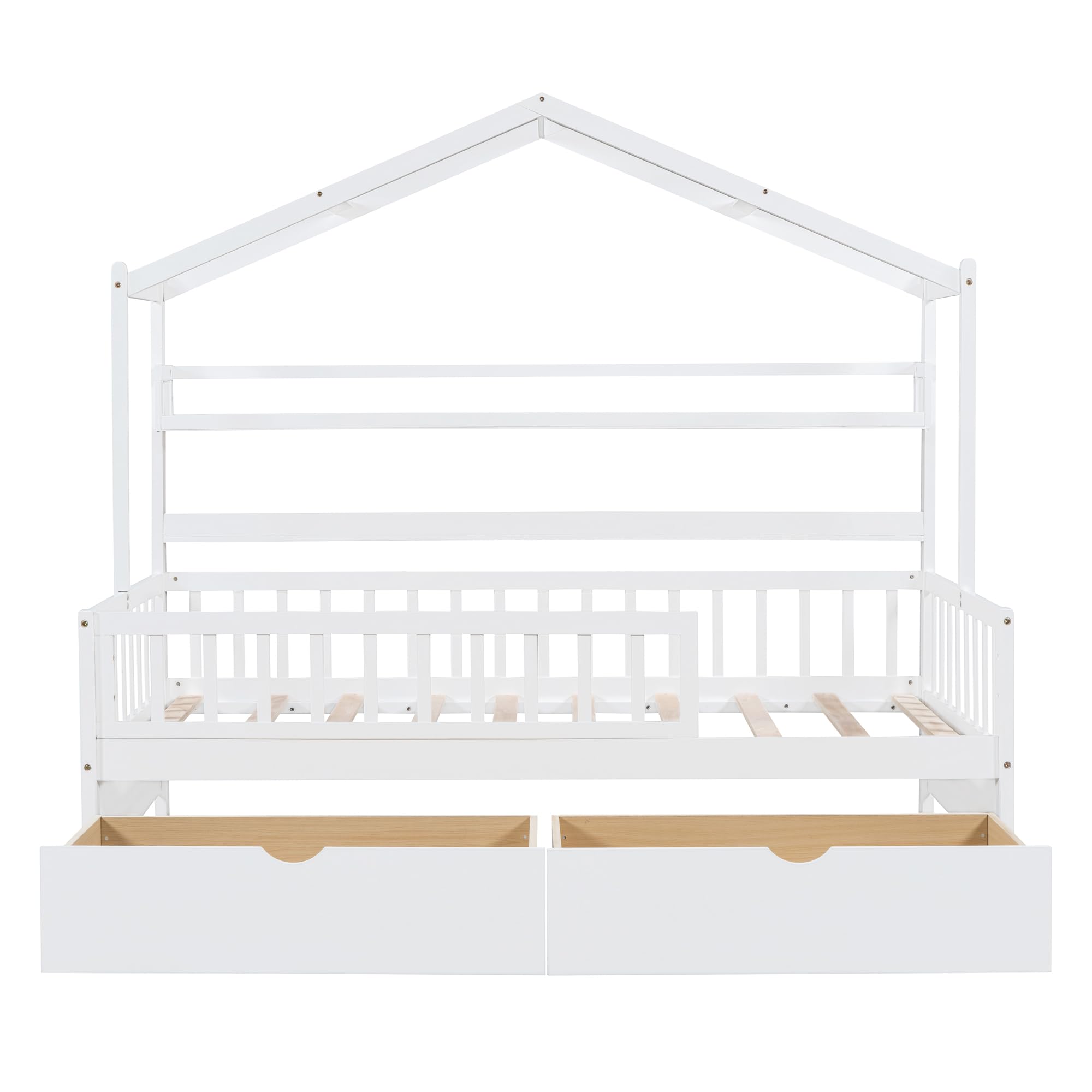 DEINPPA Twin House Bed with Drawers & Shelf - Wooden Kids Bed Frame with Safety Guardrails & Decorative Roof Design - No Box Spring Needed - Perfect for Boys, Girls, Toddlers & Kids Bedroom (White) - Ideal for Small Spaces, Playrooms & Cozy Children's Rooms