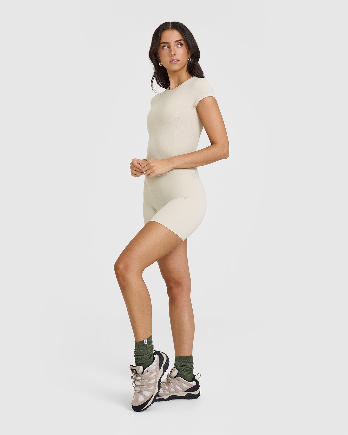 Mellow™ Rib Mid T-Shirt for Women - Soft & Comfortable Crew Neck Tee in Sand Color | Perfect for Casual Wear, Layering & Everyday Outfits