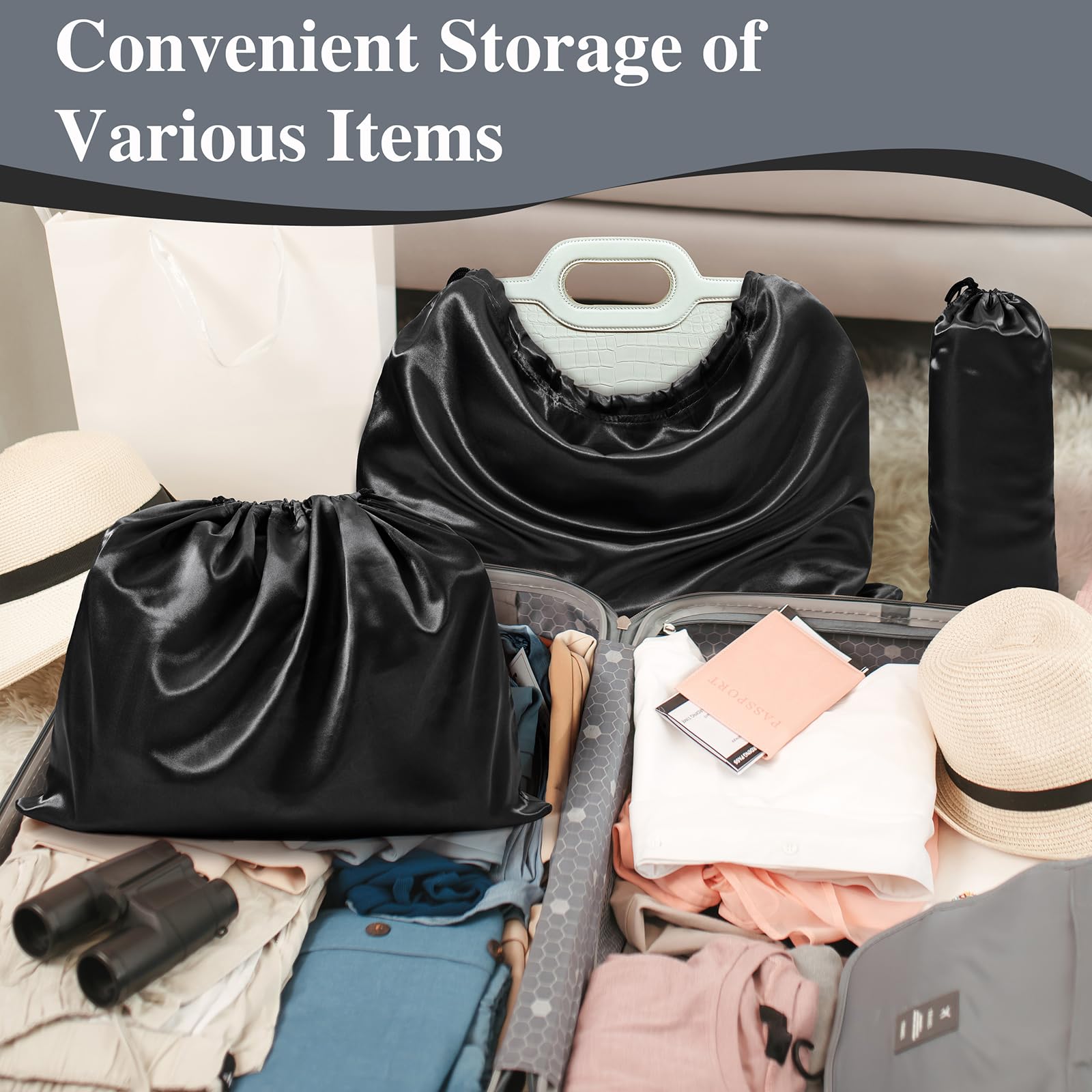 Ersmak 6 Pack Black Satin Shoe Bags with Drawstring for Travel - 17.7 x 7.9 Inch Shoe Storage Protectors - Perfect for Organizing Shoes in Suitcases, Gym Bags & Closet Storage