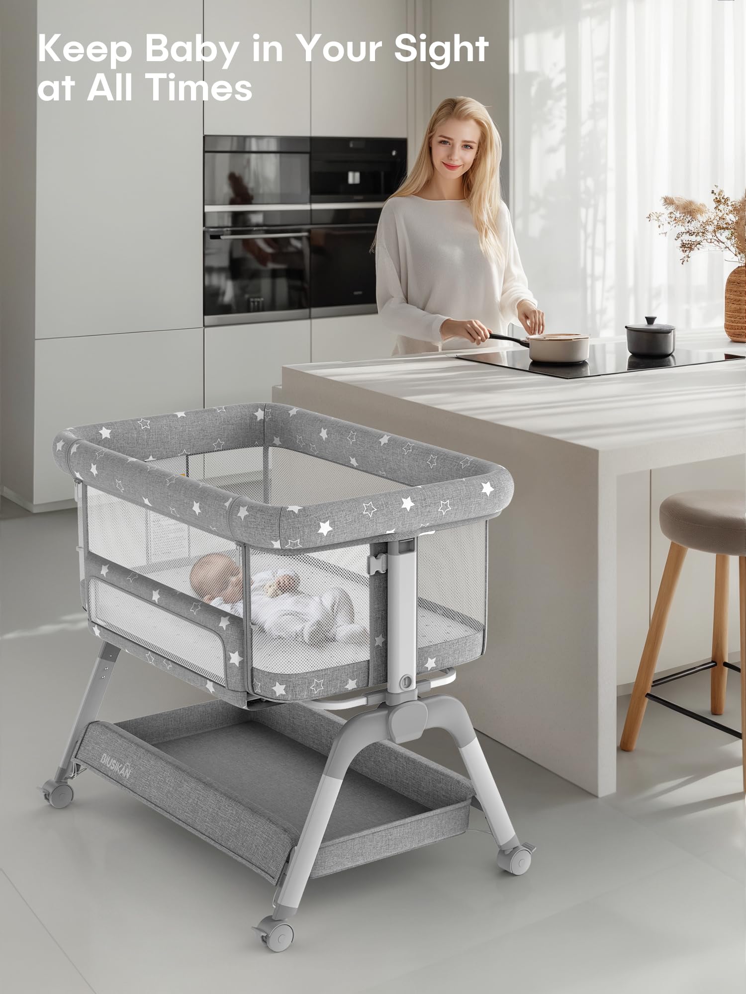 Portable Adjustable Height Baby Bassinet Bedside Sleeper with Mattress & Wheels - All Mesh Breathable Crib for Newborns - Perfect for Co-Sleeping, Nursery, Bedroom & Travel