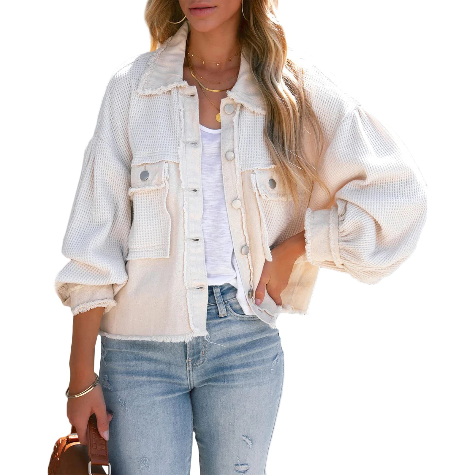 Women's Cropped Waffle Knit Shacket - Denim Stitch Detail Button Down Long Sleeve Loose Jacket Top for Casual Outfits & Layering in Fall/Winter