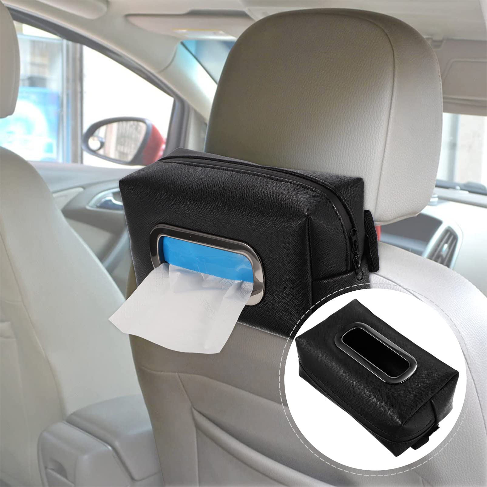 Square Hanging Paper Box & Sun Visor Napkin Holder - Car Tissue Dispenser with Leather Shade Container | Perfect for Car, Office & Home Organization