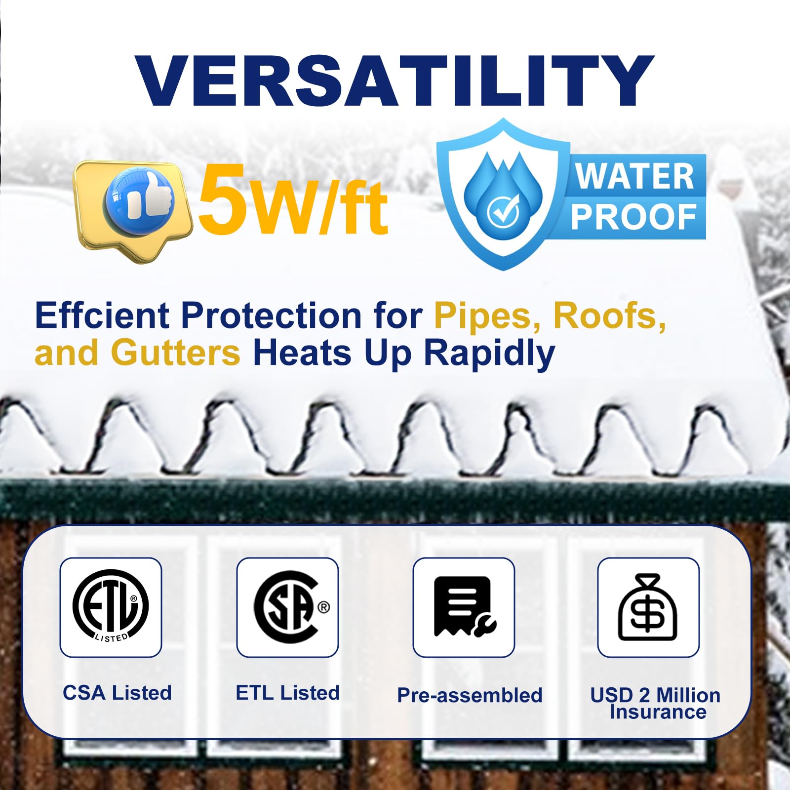 Heatit HIRD-F 200ft Roof & Gutter Snow Melting Cable - 5W/ft Heating Tape for Ice Dam Prevention - Includes 6ft Cold Power Lead - Perfect for Winter Home Protection on Sloped Roofs & Drainage Systems
