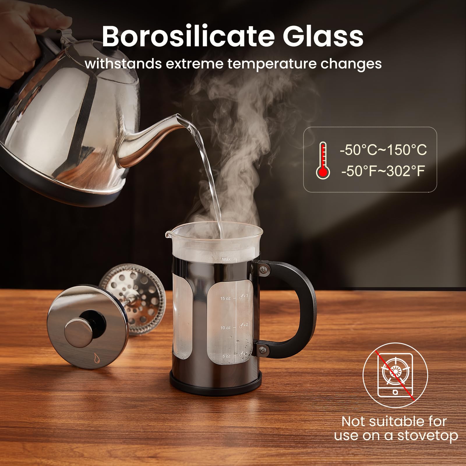 BAYKA 21oz French Press Coffee Maker - 0.6L Small Single Serve Brewer with Heat Resistant Borosilicate Glass & Stainless Steel - Perfect for Home, Office, Camping & Cold Brew Tea Making - Dark Pewter