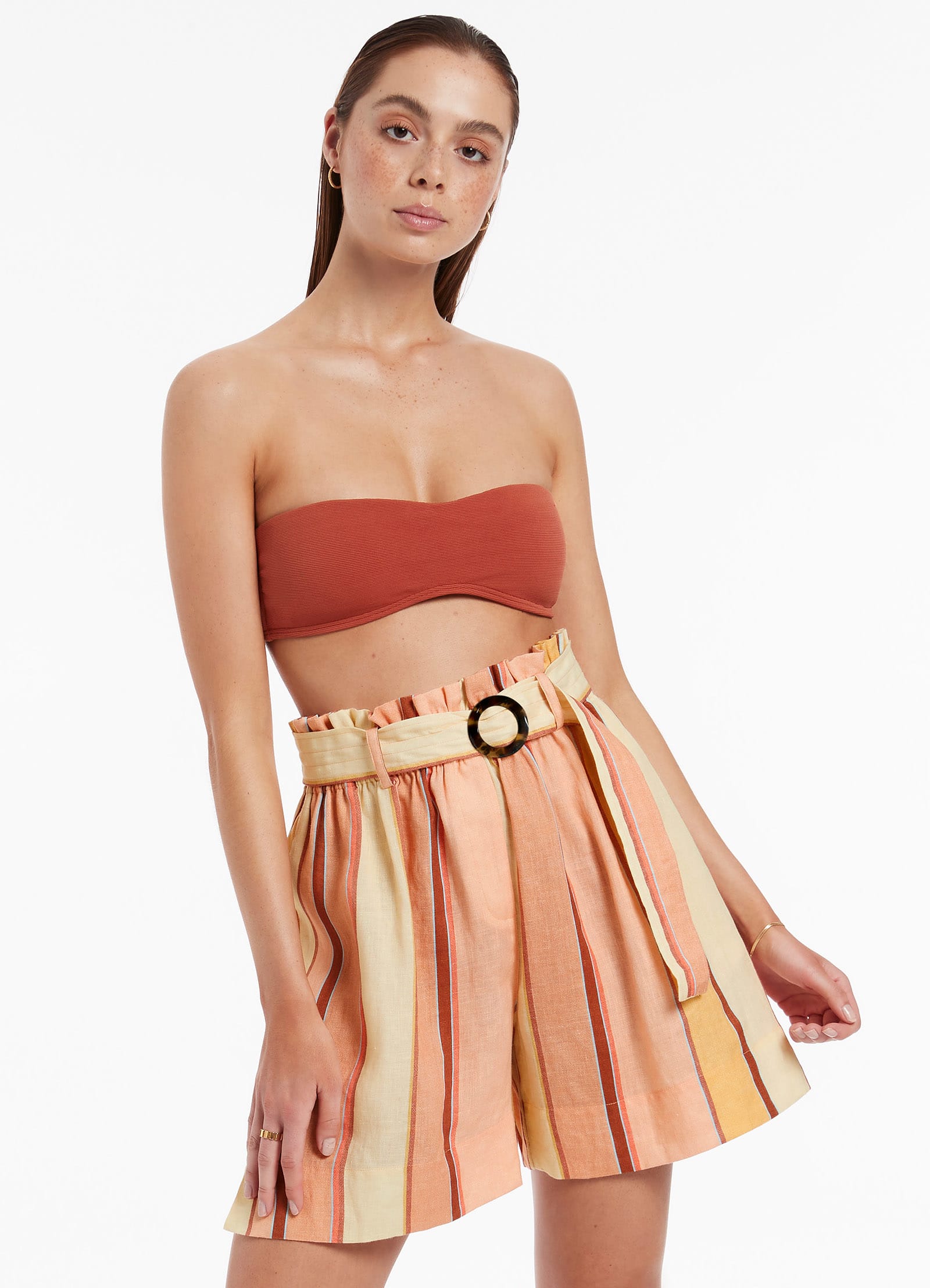 Fira Stripe High Waist Shorts for Women - Marigold Yellow Summer Casual Stretch Shorts | Perfect for Beach, Vacation and Everyday Wear