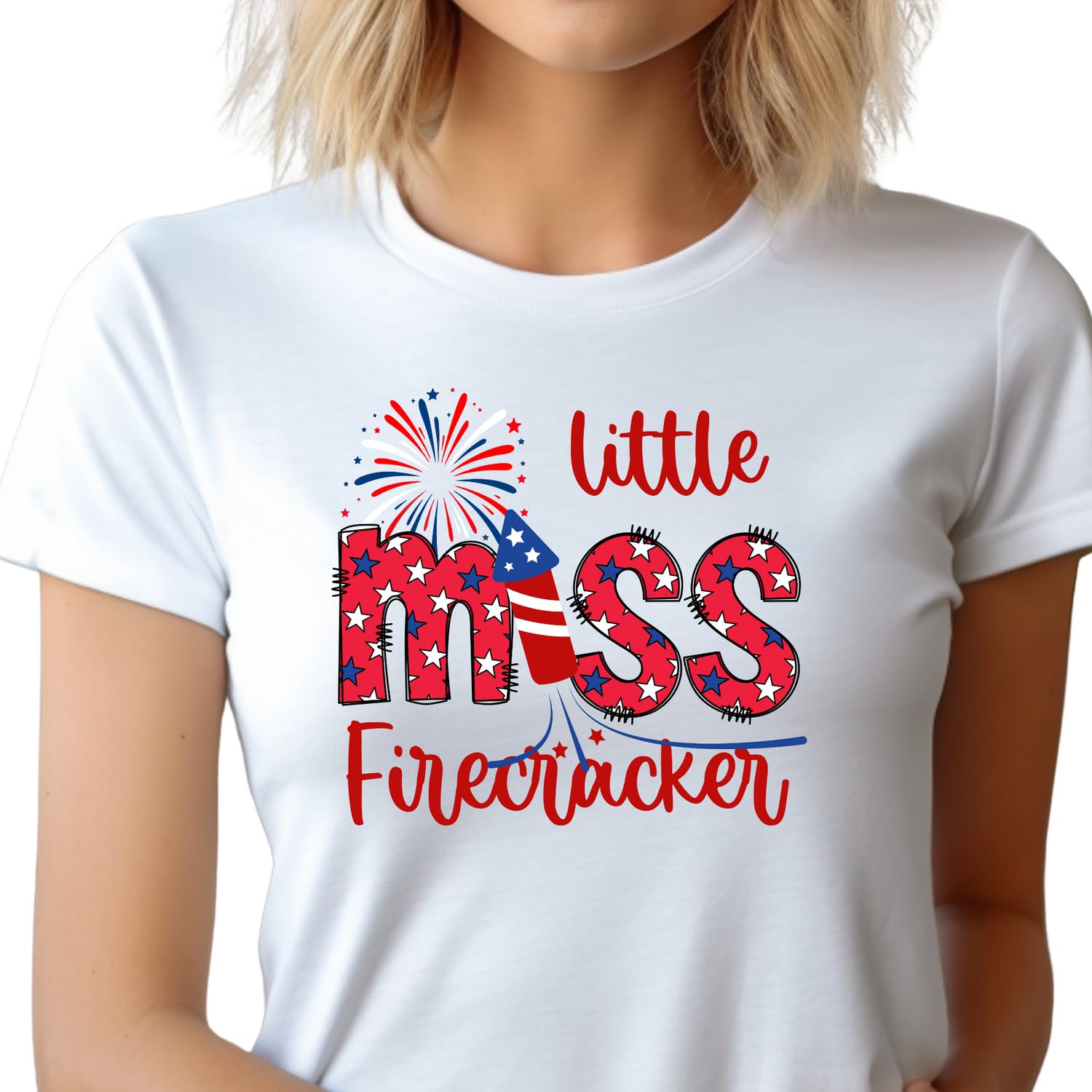 Little Miss Firecracker T-Shirt | 4th of July Patriotic Shirt for Women | American Flag Independence Day Top | Freedom Firework Graphic Tee | Family Matching Outfits for BBQ & Festivals (Medium, True Royal Blue)