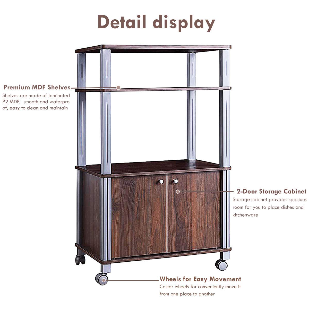 3-Tier Rolling Microwave Stand with Utility Shelves - Multifunctional Kitchen Baker’s Rack, Spice Organizer & Storage Cart for Home, Dining Room or Commercial Use (Brown) | Perfect for Small Spaces, Apartment Kitchens & Restaurant Prep Stations