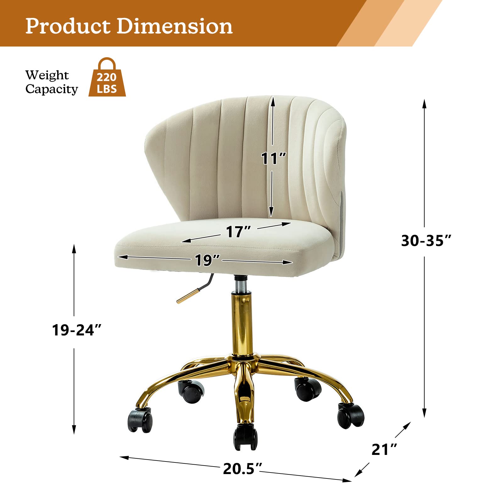TINA'S HOME Modern Velvet Office Chair with Wheels & Gold Base - Adjustable Low Back Swivel Rolling Task Chair for Home Office, Living Room, Vanity or Study - Armless Upholstered Desk Chair in Tan | Perfect for Small Spaces, Work from Home & Makeup Stations