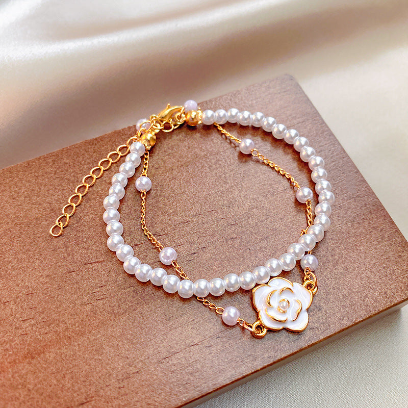 Dainty Camellia Charm Ivory Pearl Bracelet for Women | Elegant Adjustable Fashion Jewelry Gift | Perfect for Weddings, Parties & Everyday Wear | HB1205