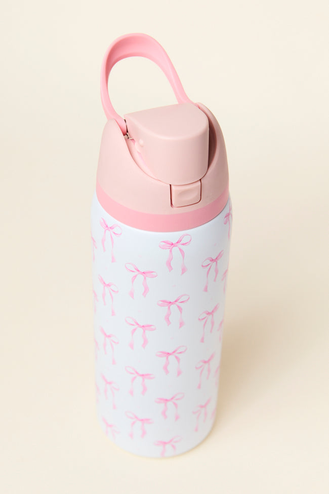 32oz Pink Bow Water Bottle with Straw - Insulated Stainless Steel Tumbler for Women, Girls | Leakproof, BPA-Free | Perfect for Gym, Hiking, Travel & School