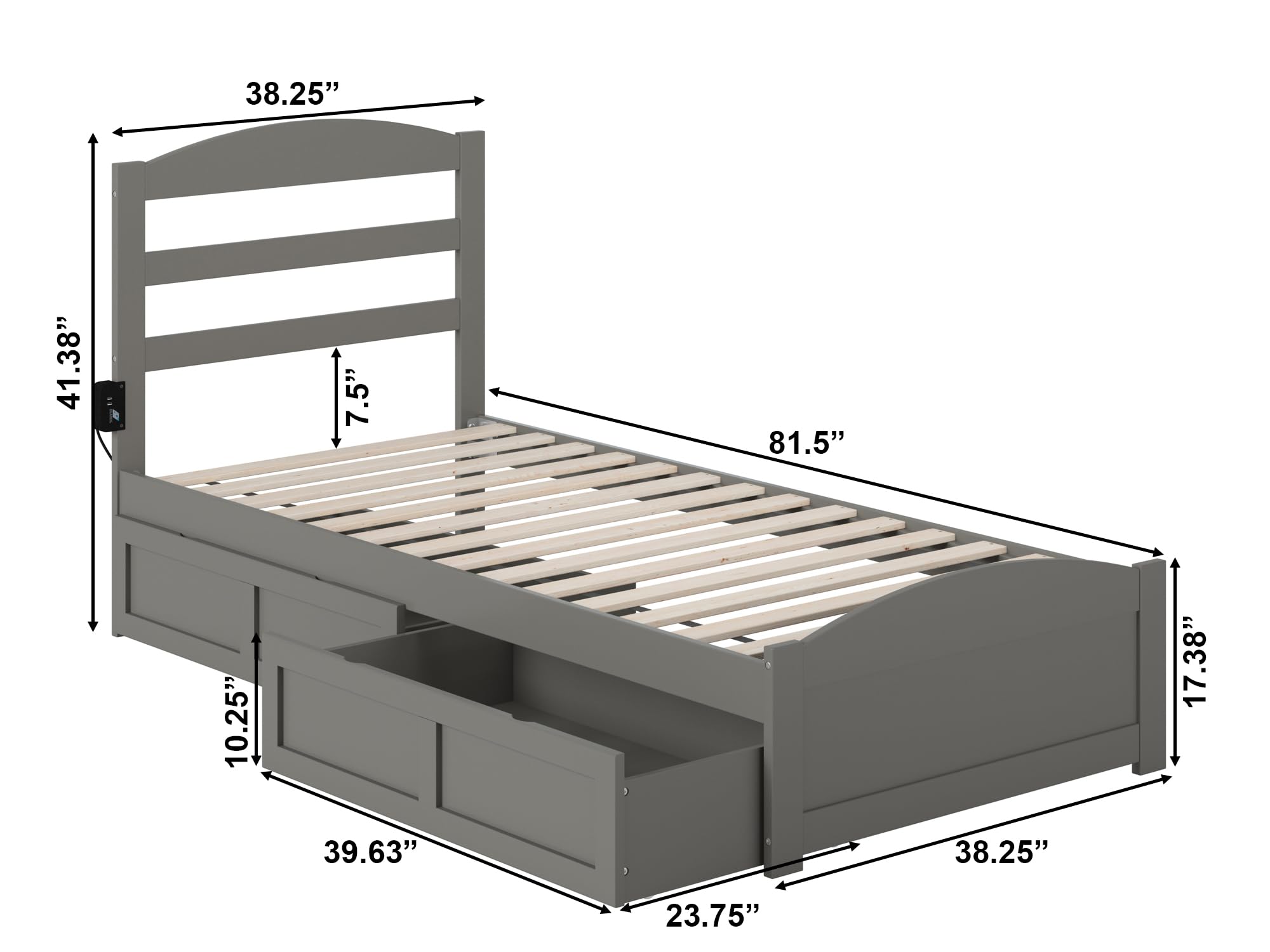 AFI Warren Twin XL Platform Bed with Footboard, Storage & USB Charging Station in Grey - Perfect for Small Spaces, Dorm Rooms & Guest Bedrooms