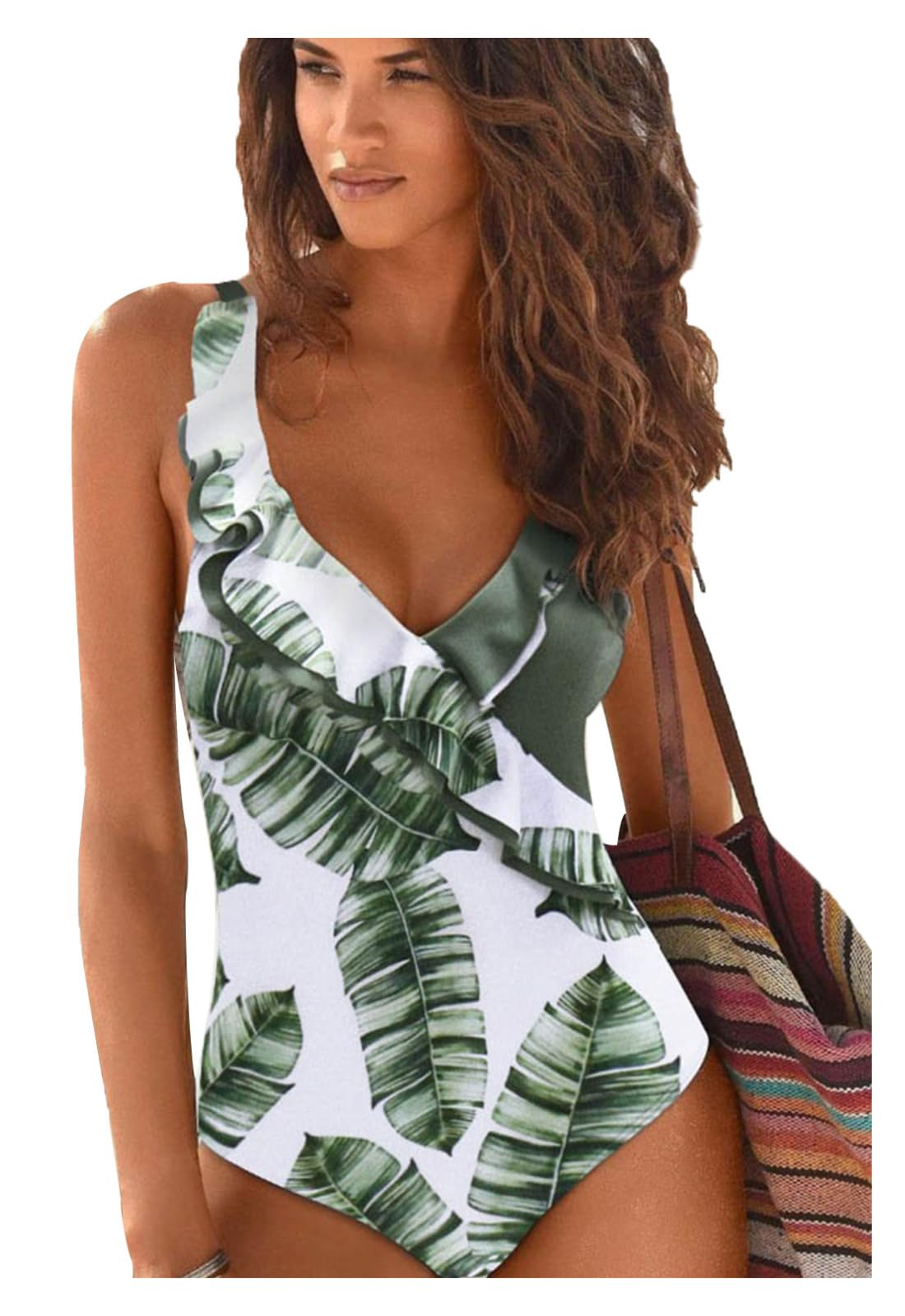JFAN Women's One Piece Swimsuit with V-Neck & Ruffle Detail - Tummy Control Monokini for Beach & Pool - Perfect for Summer Vacation, Swimwear for Women