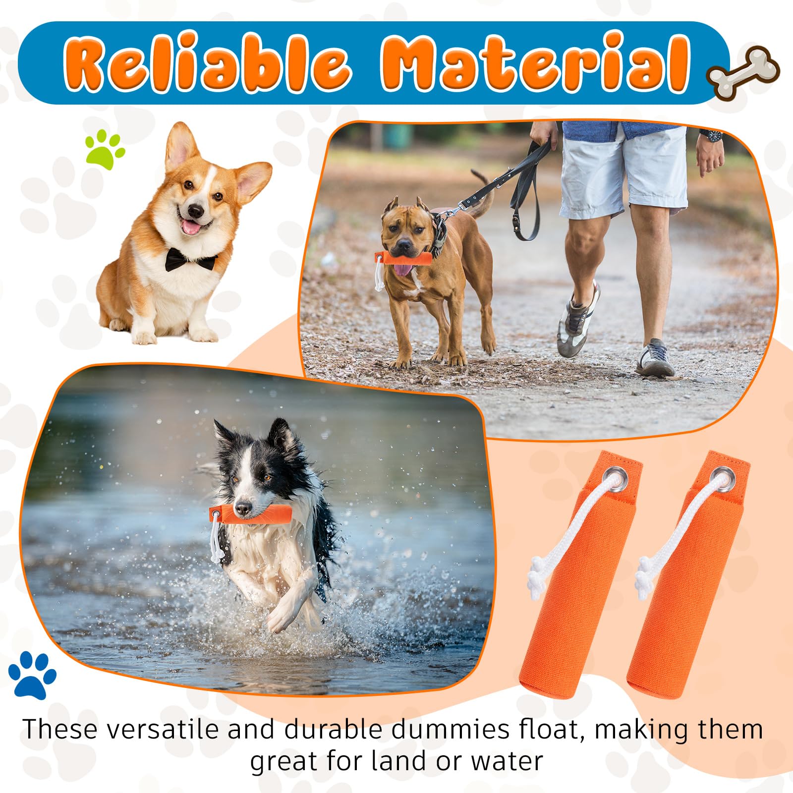 2 Pack Canvas Dog Training Bumpers - Durable Hunting Dog Training Dummy for Retrieval Practice (7.1 x 1.6 Inches, Orange) - Perfect for Field Training, Backyard Fetch & Obedience Exercises