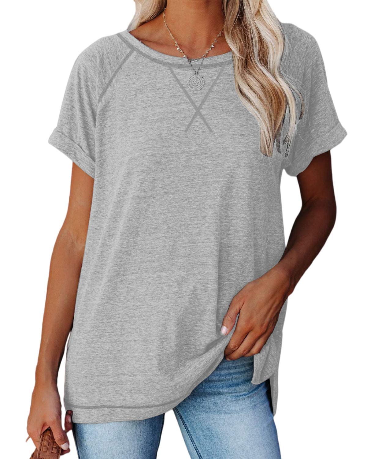 Ayreus Women's Short Sleeve Crewneck T-Shirt - Casual Loose Fit Raglan Tee for Workout & Summer (Light Grey, Large) | Gym, Yoga, Running & Everyday Wear