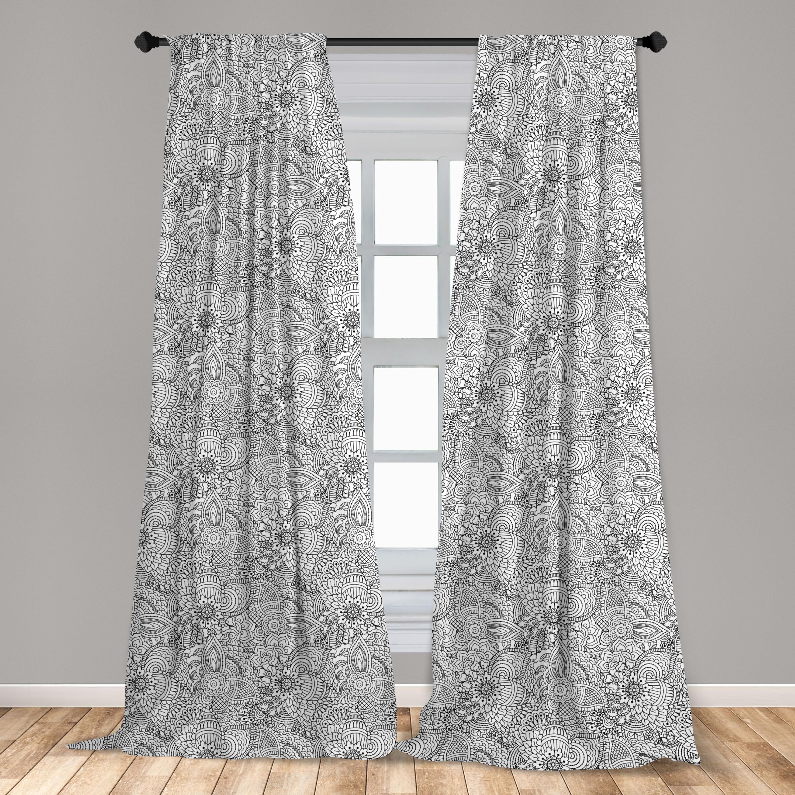 Ambesonne Oriental Window Curtains - Monochrome Cultural Folk Pattern with Intricate Swirls & Leaves, Lightweight 2-Panel Set with Rod Pocket (28