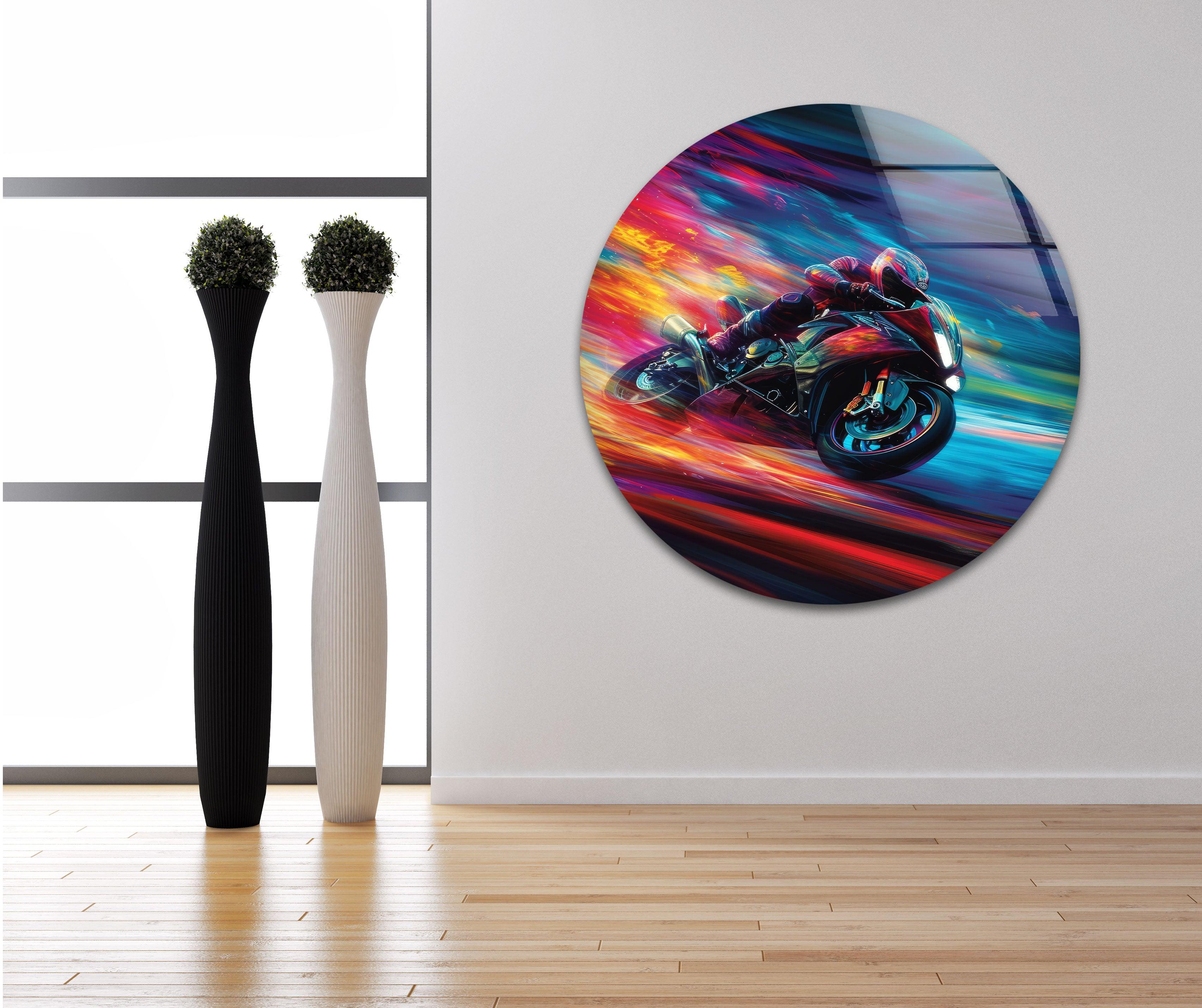 Vibrant Motor Racer Glass Wall Art - Modern Home Decor for Living Room, Bedroom & Office - Unique Automotive Themed Gift for Car Enthusiasts