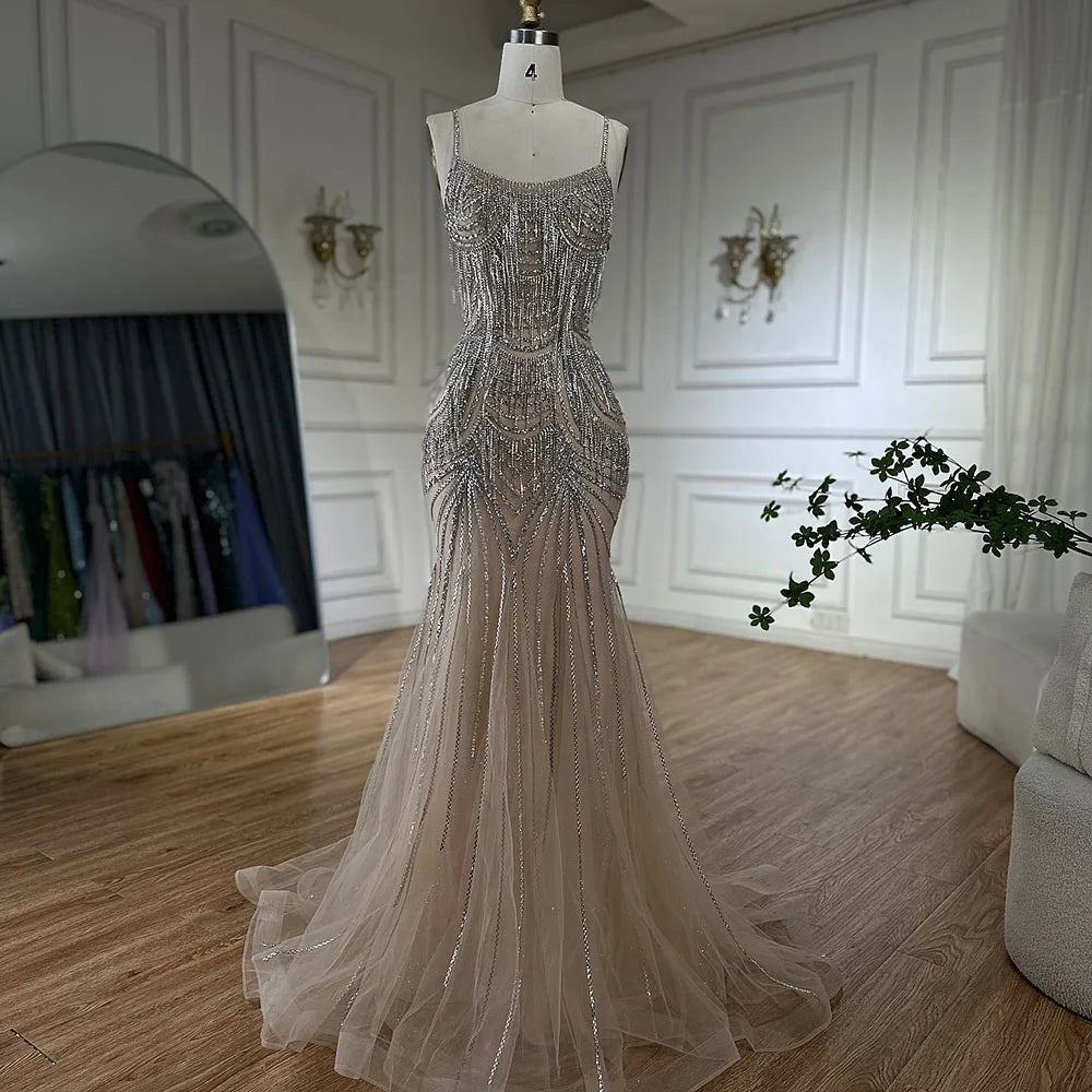 Elegant Silver Nude Spaghetti Strap Mermaid Evening Gown with Beaded Tassels - Dubai Luxury Formal Dress for Prom, Gala & Special Occasions - LA72772